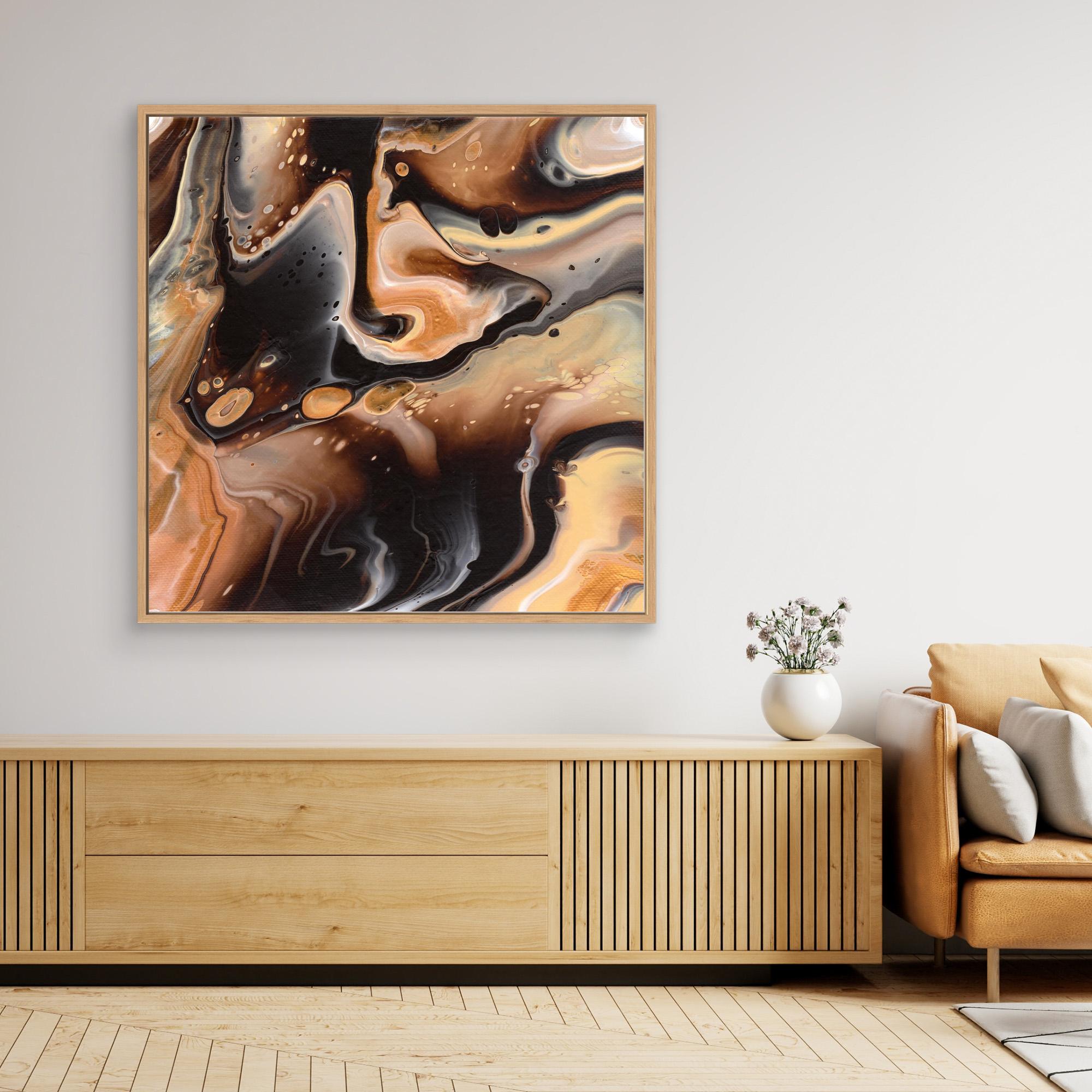 NL modern art Canvas Print Comforting Chocolate Caramel 5 in oak frame on wall over wooden cabinet and white vase with flowers