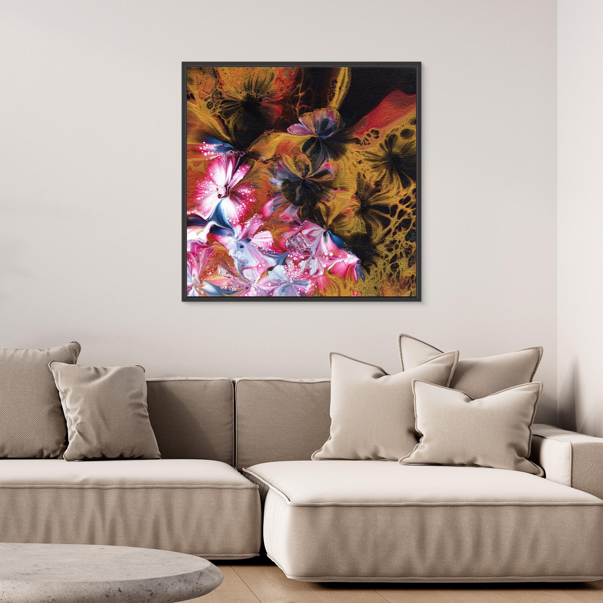 NL Modern Art Wall Art Canvas Print Abstract Floral 5 in black frame over comfy sofa