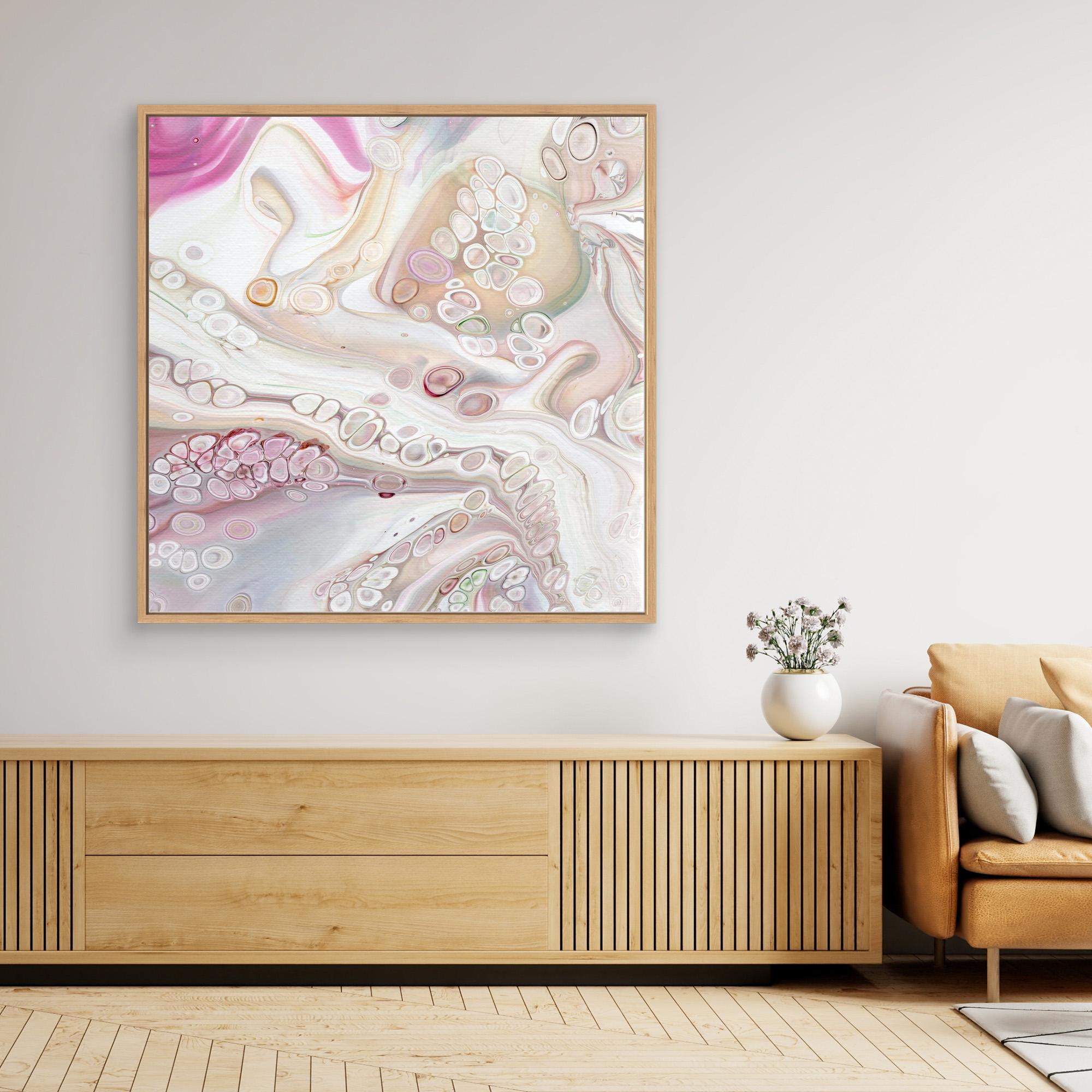 NL Modern Art Canvas Print Soft Tenderness 1 in oak frame on wall over wooden cabinet and white vase with flowers
