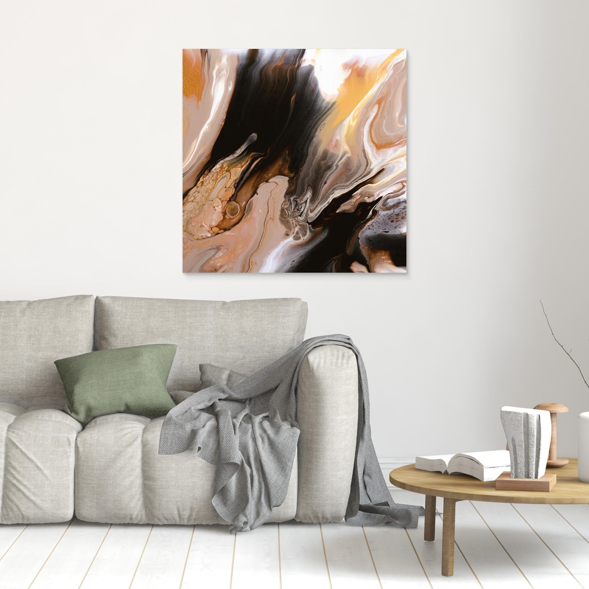 NL modern art Unframed Canvas Print Comforting Chocolate Caramel 6 on wall over grey sofa