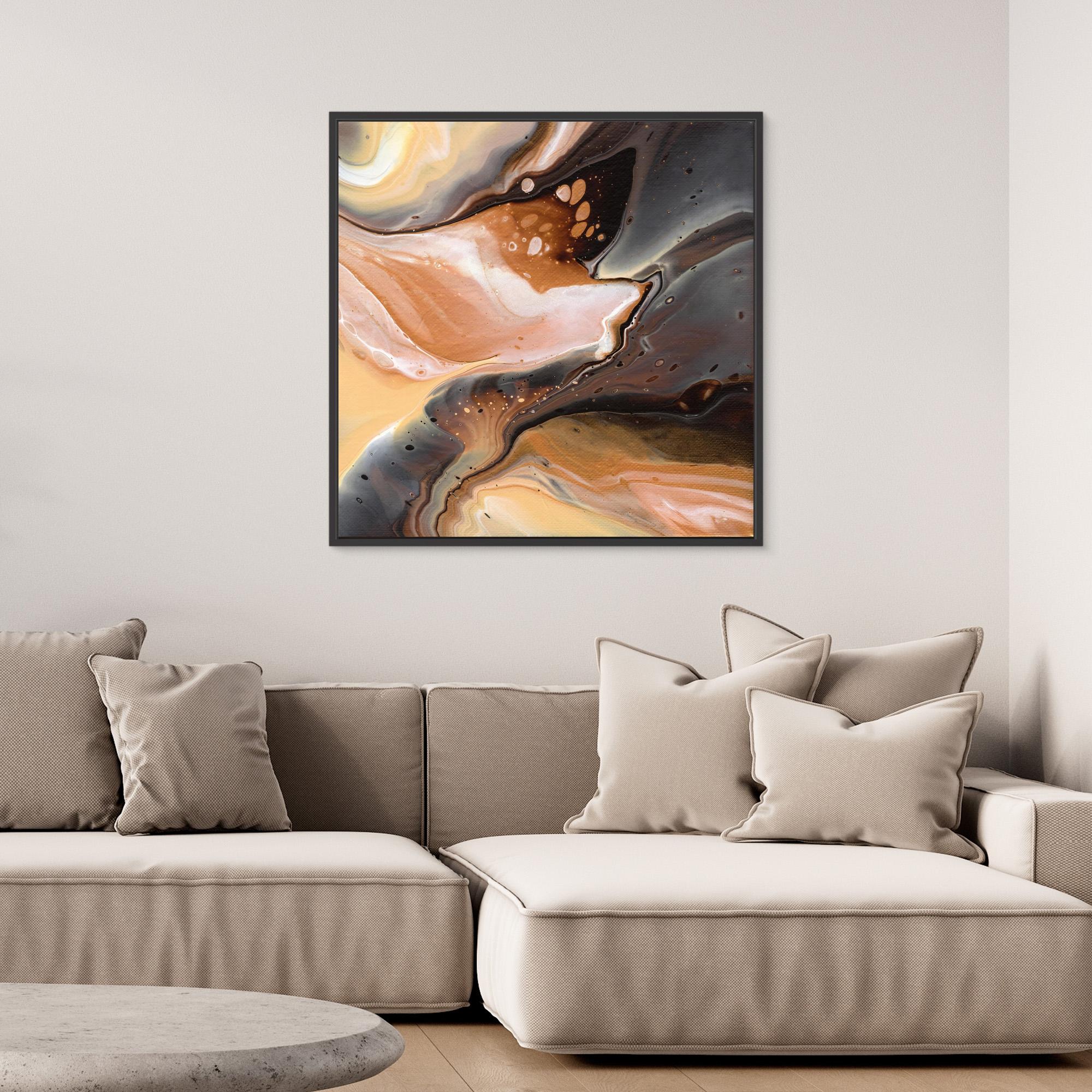 NL Modern Art Canvas Print Comforting Chocolate Caramel 3 in black frame on wall over comfy sofa