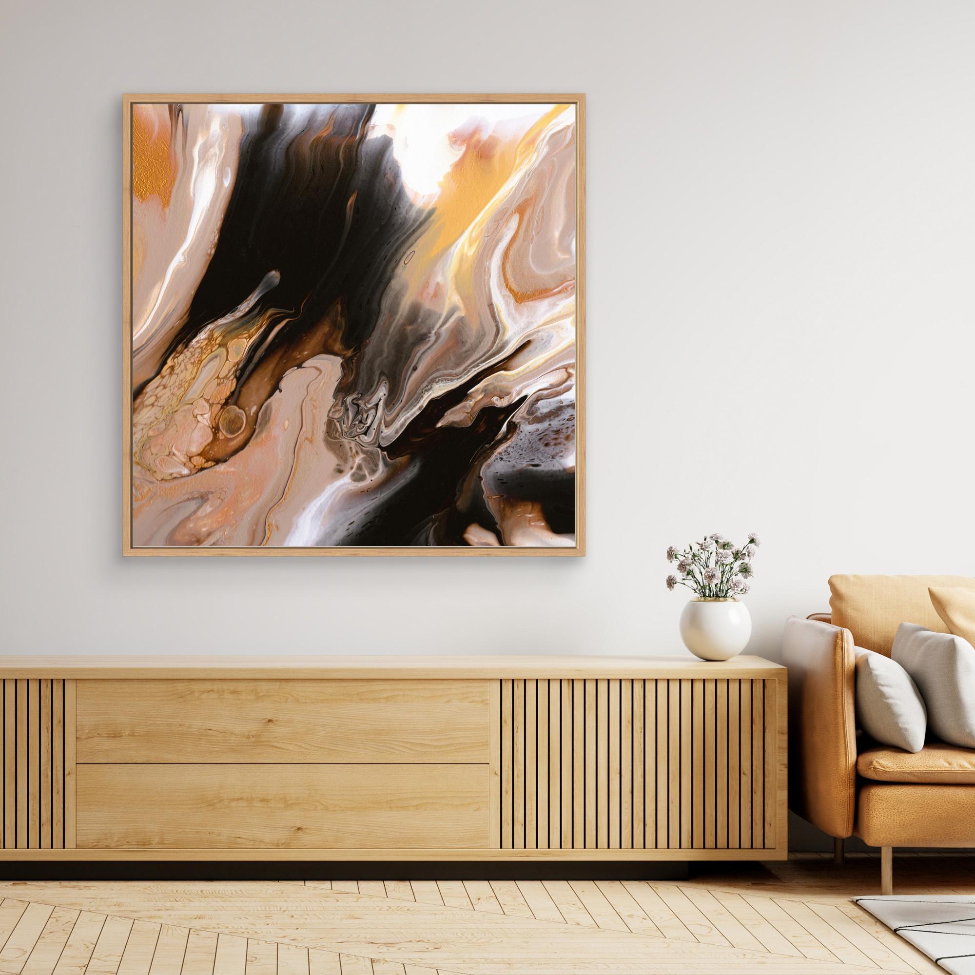 NL modern art Canvas Print Comforting Chocolate Caramel 6 in oak frame on wall over wooden cabinet and white vase with flowers
