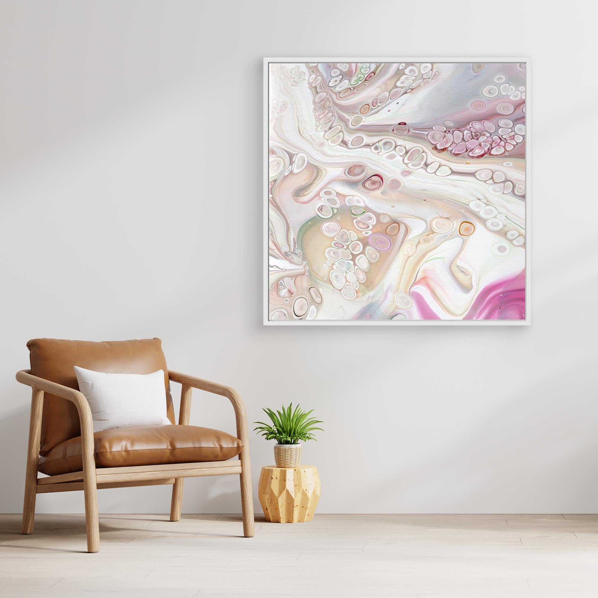 NL Modern Art Canvas Print Soft Tenderness 2 in white frame on wall next to comfy chair and small plant