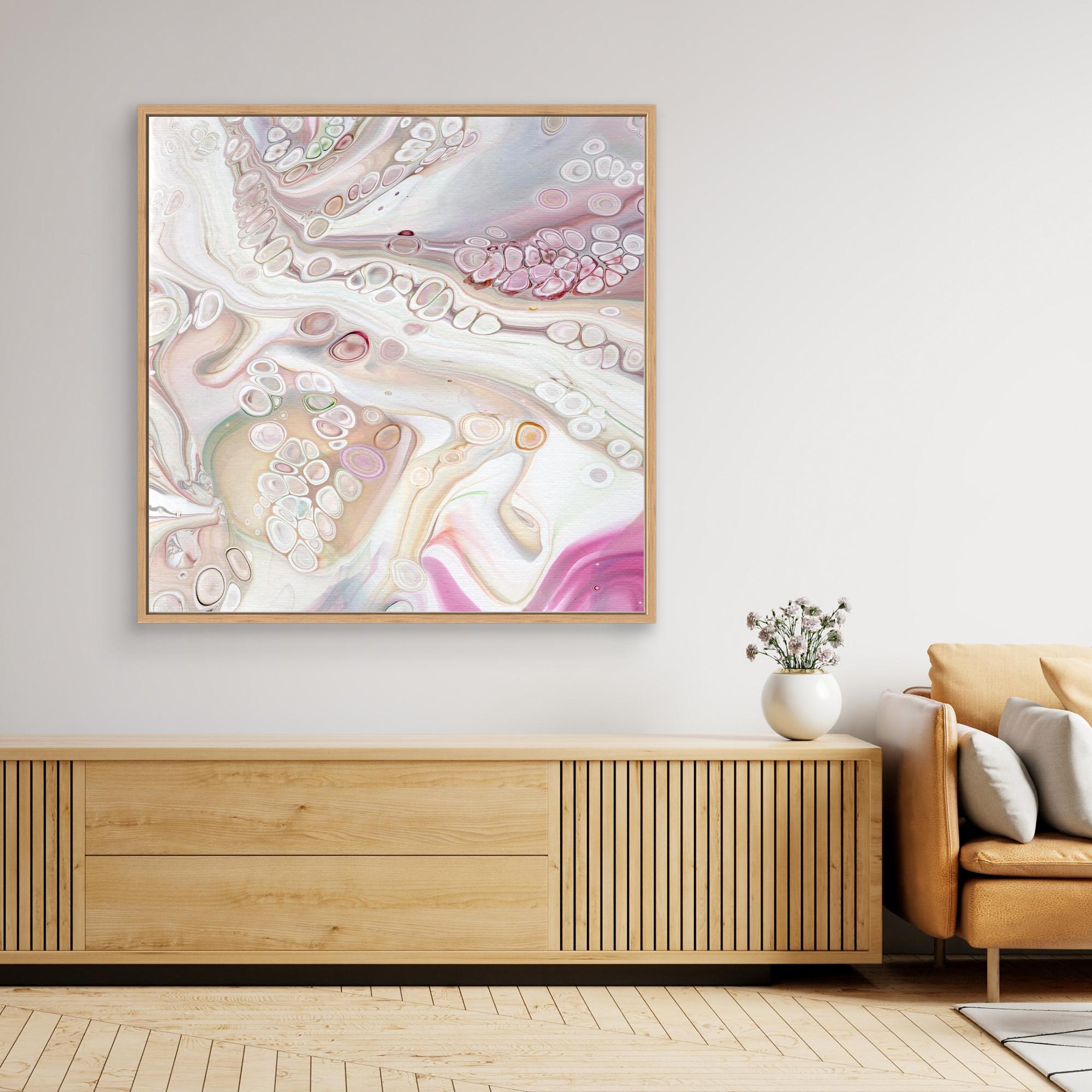 NL Modern Art Canvas Print Soft Tenderness 2 in oak frame on wall over wooden cabinet and white vase with flowers