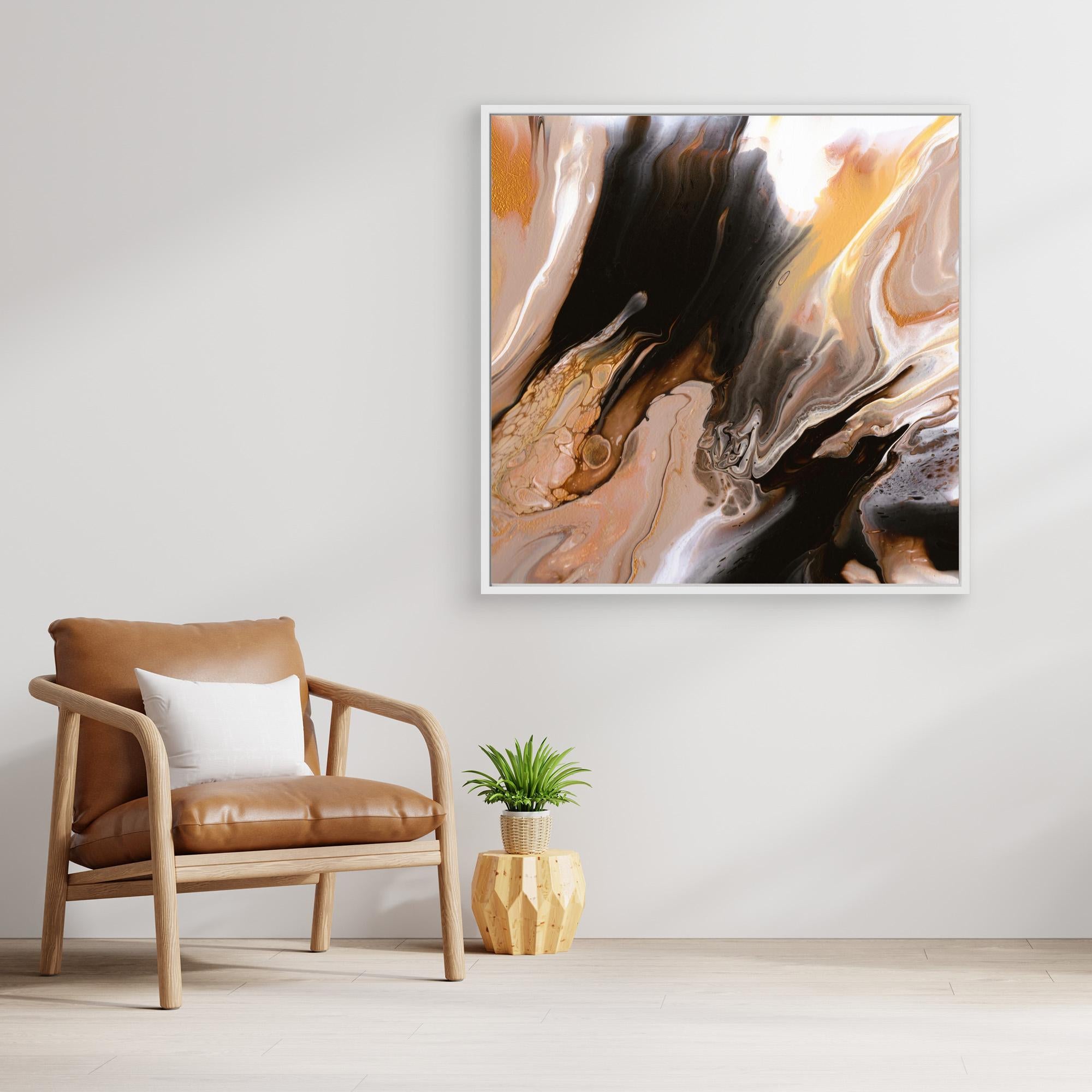 NL modern art Canvas Print Comforting Chocolate Caramel 6 in white frame on wall next to comfy chair and small plant 30