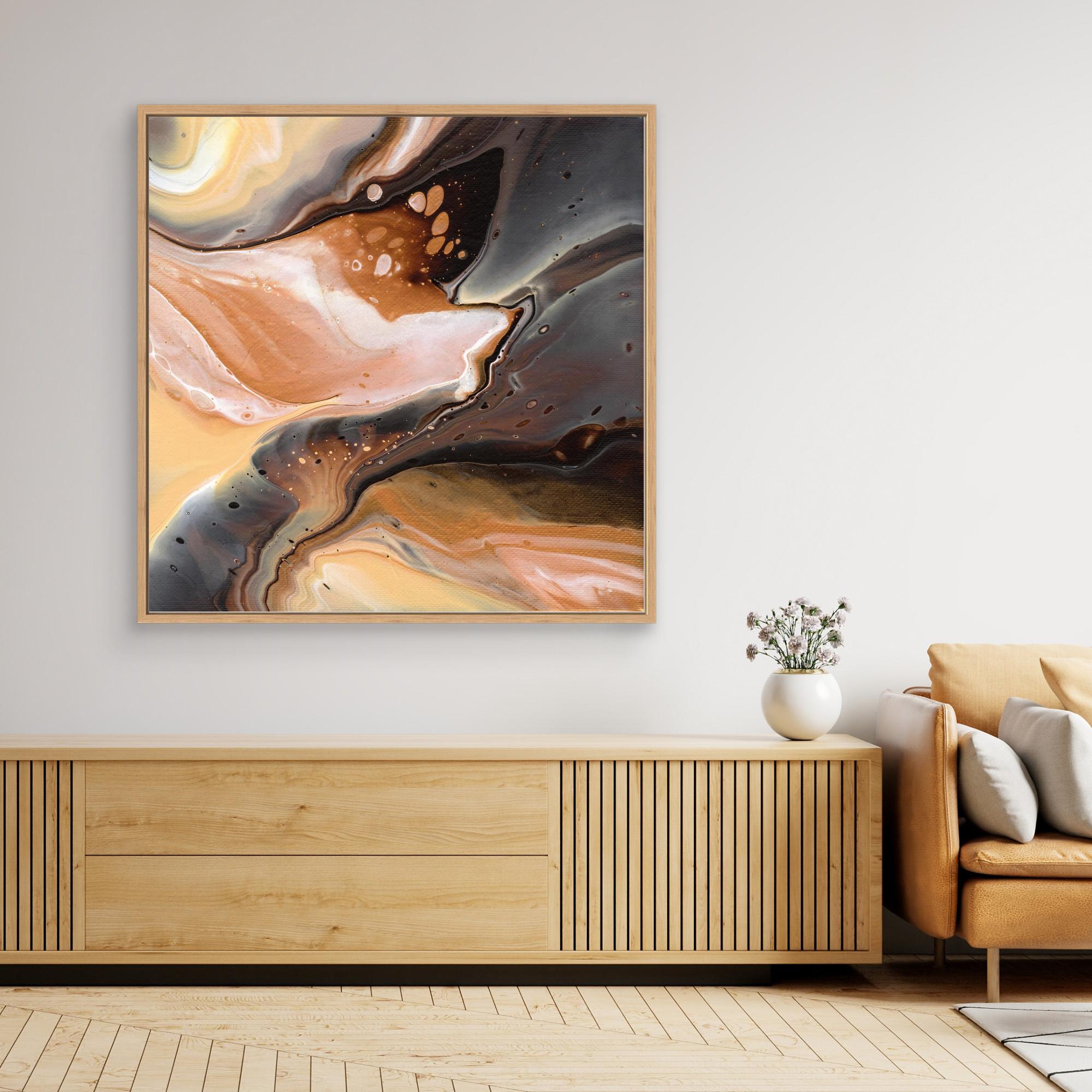 NL Modern Art Canvas Print Comforting Chocolate Caramel 3 in oak frame on wall over wooden cabinet with vase and flowers