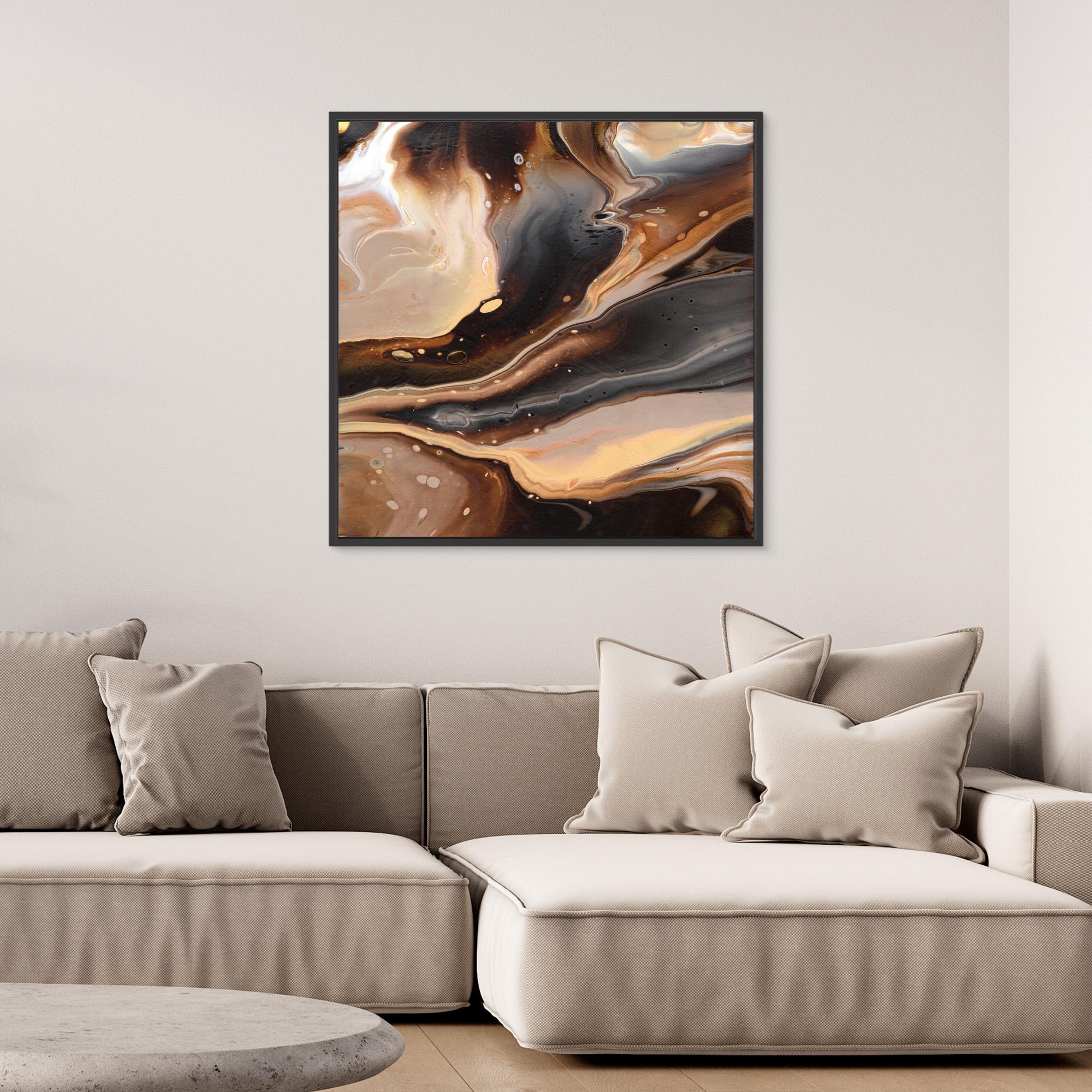 NL Modern Art Canvas Print Comforting Chocolate Caramel 2 in black frame on wall over comfy sofa