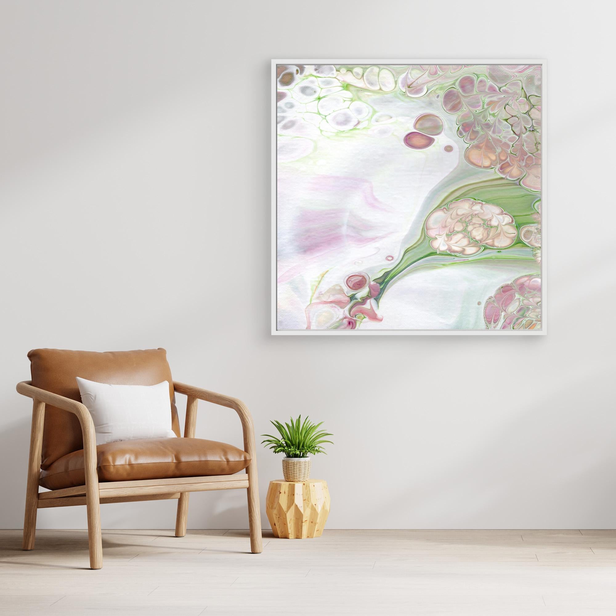 NL Modern Art Canvas Print Soft Tenderness 5 in white frame on wall next to comfy chair and small plant