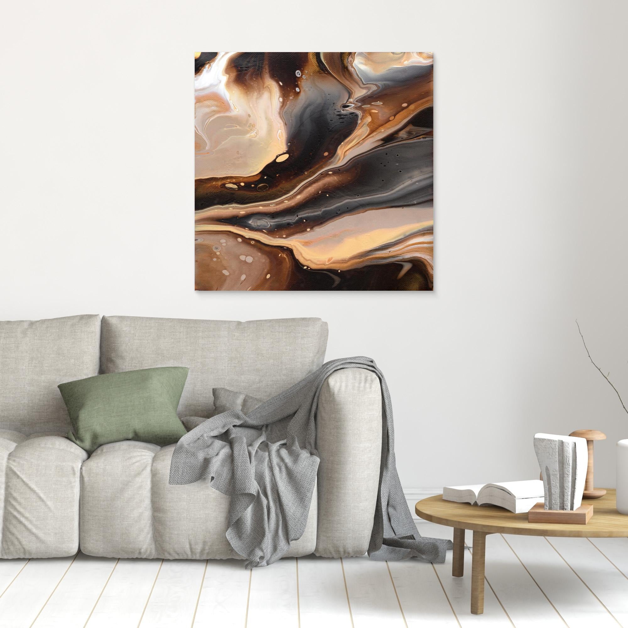 NL Modern Art Unframed Canvas Print Comforting Chocolate Caramel 2 on wall over grey sofa