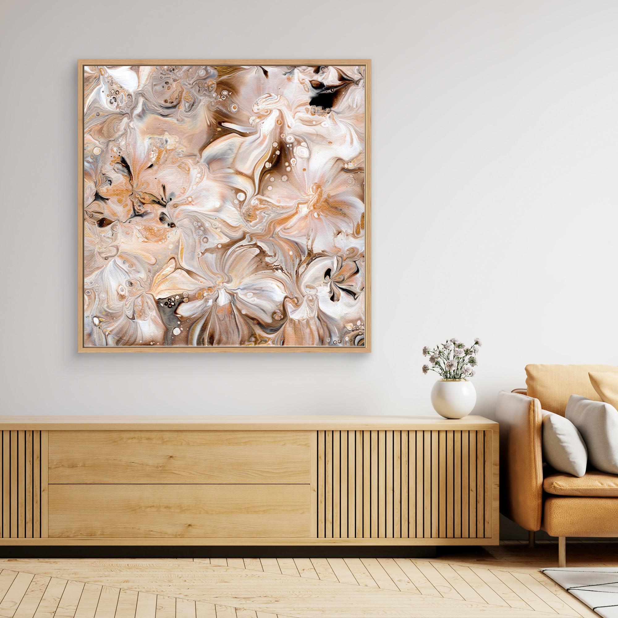 NL modern art Art Prints Soothing Neutrals 4 in oak frame on wall over wooden cabinet and white vase with flowers