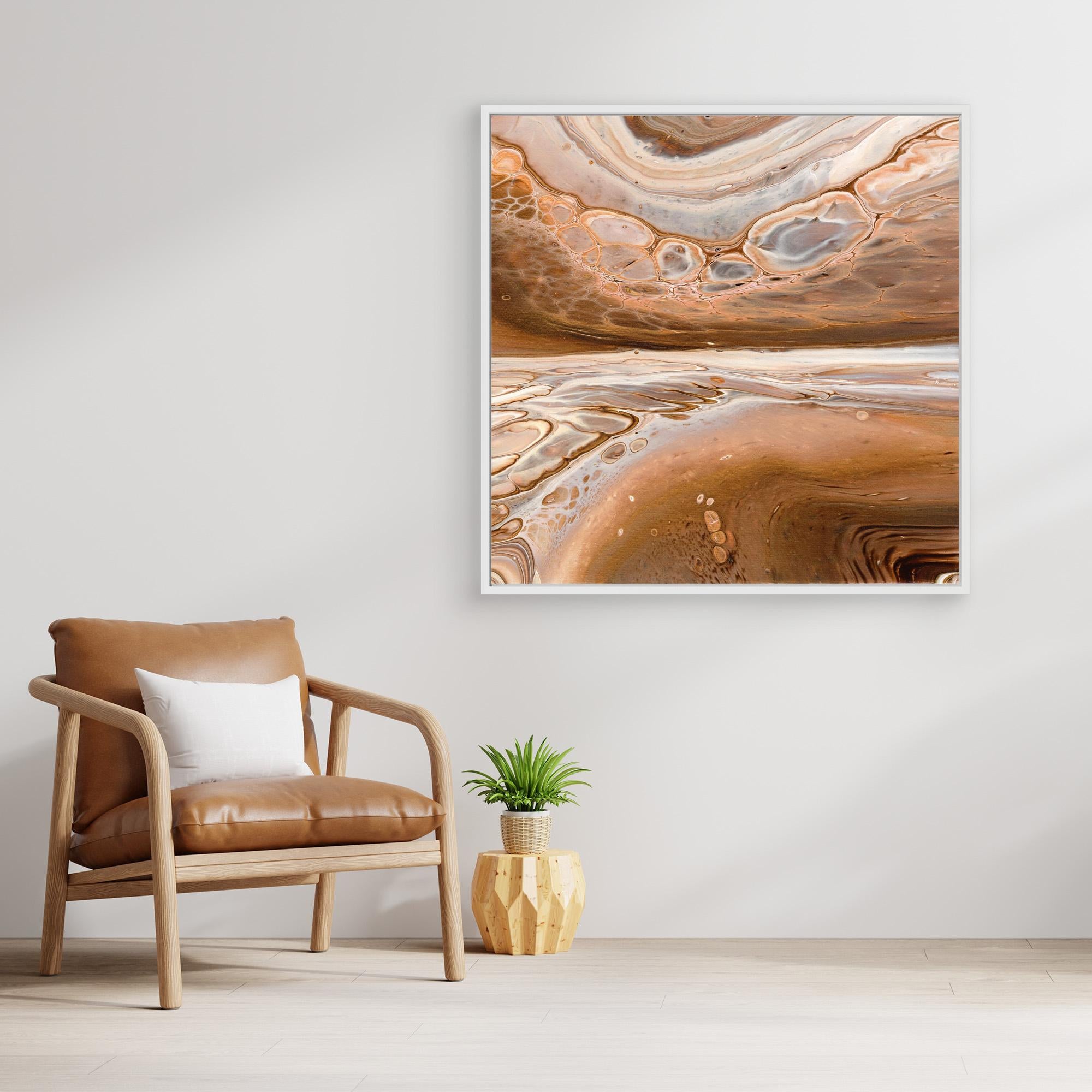 NL modern art Art Prints Soothing Neutrals 6 in white frame on wall next to comfy chair and small plant
