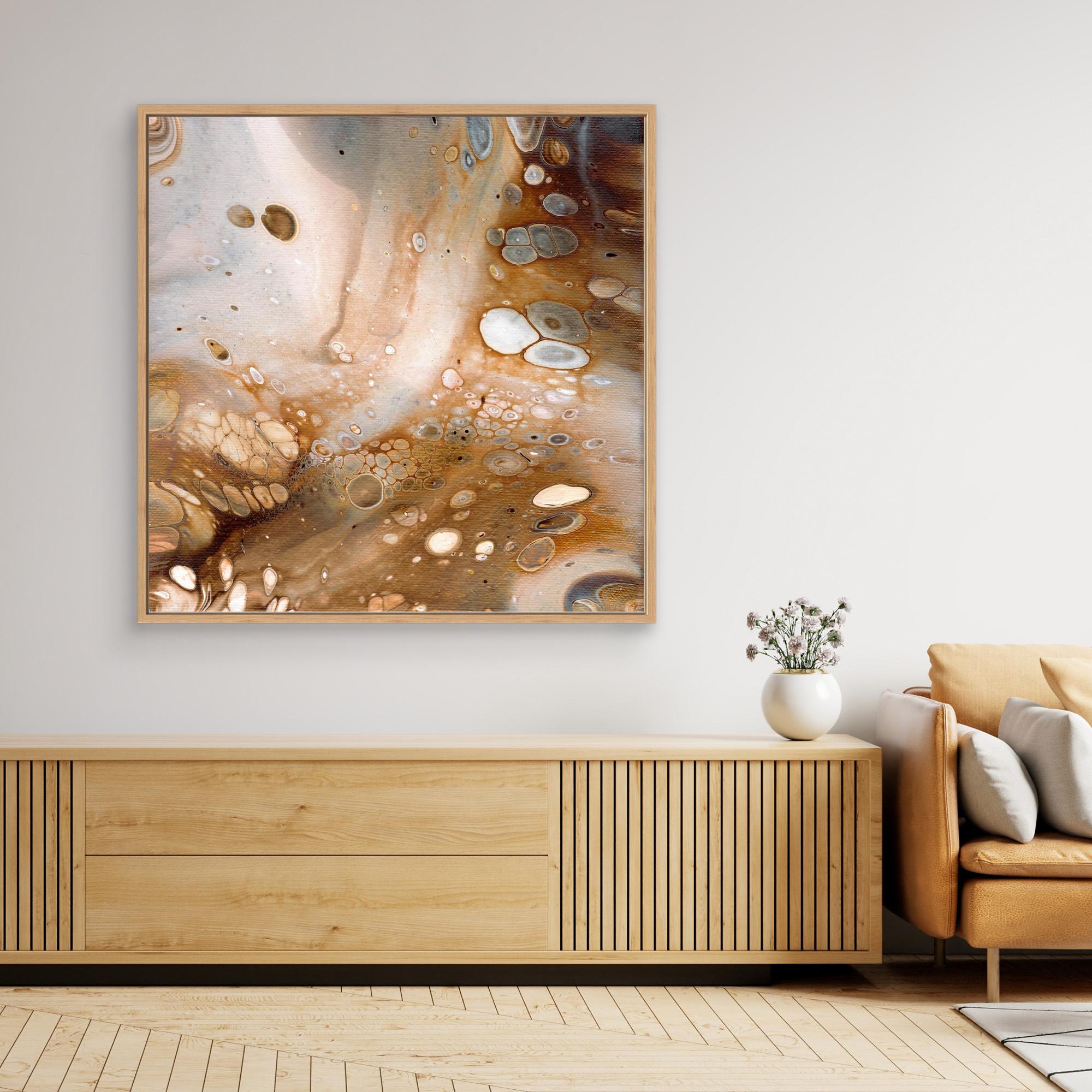 NL Modern Art Art Prints Soothing Neutrals 5 in oak frame on wall over wooden cabinet and white vase with flowers