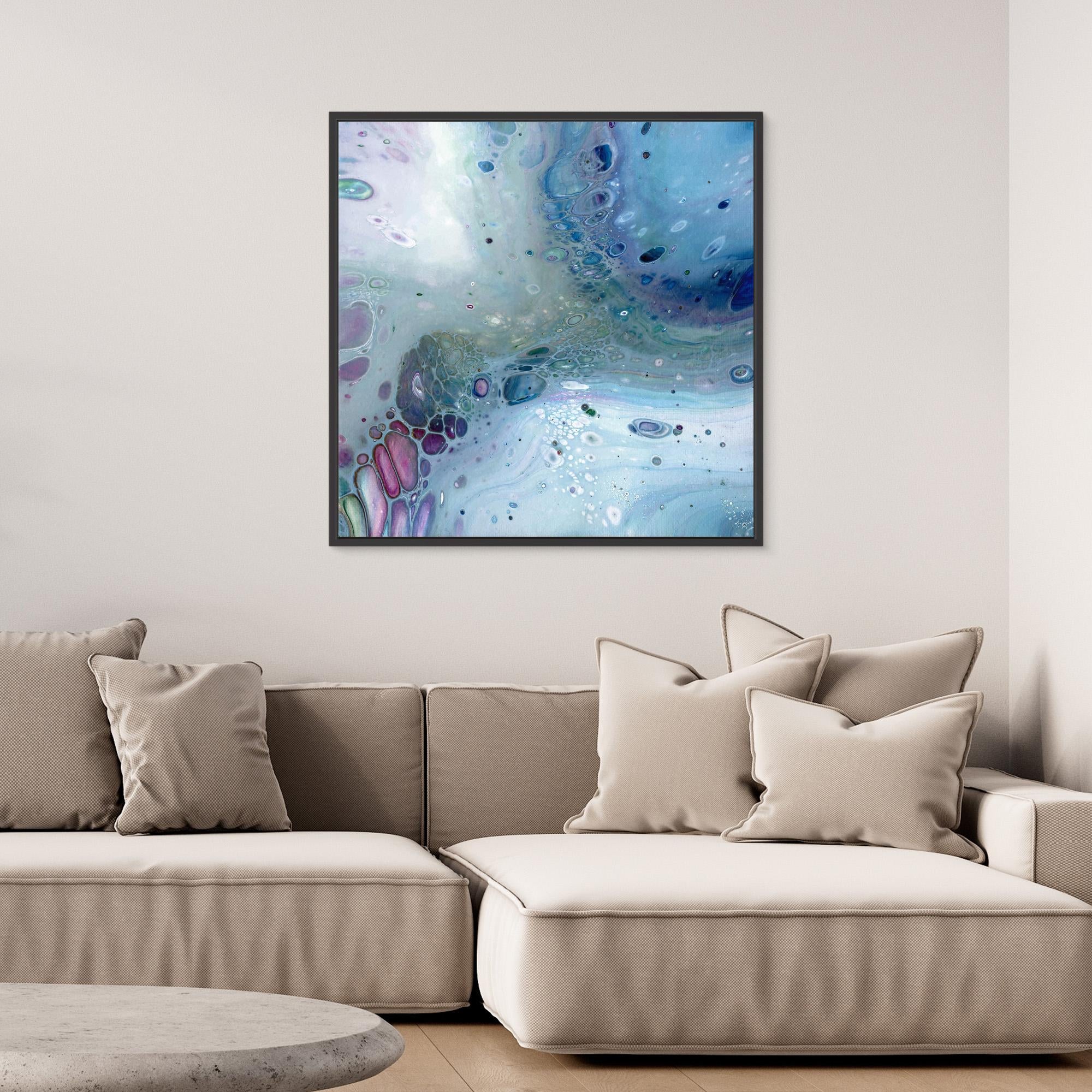 NL modern art Wall Art Canvas Print Gentle Pastel 1 in black frame over comfy sofa