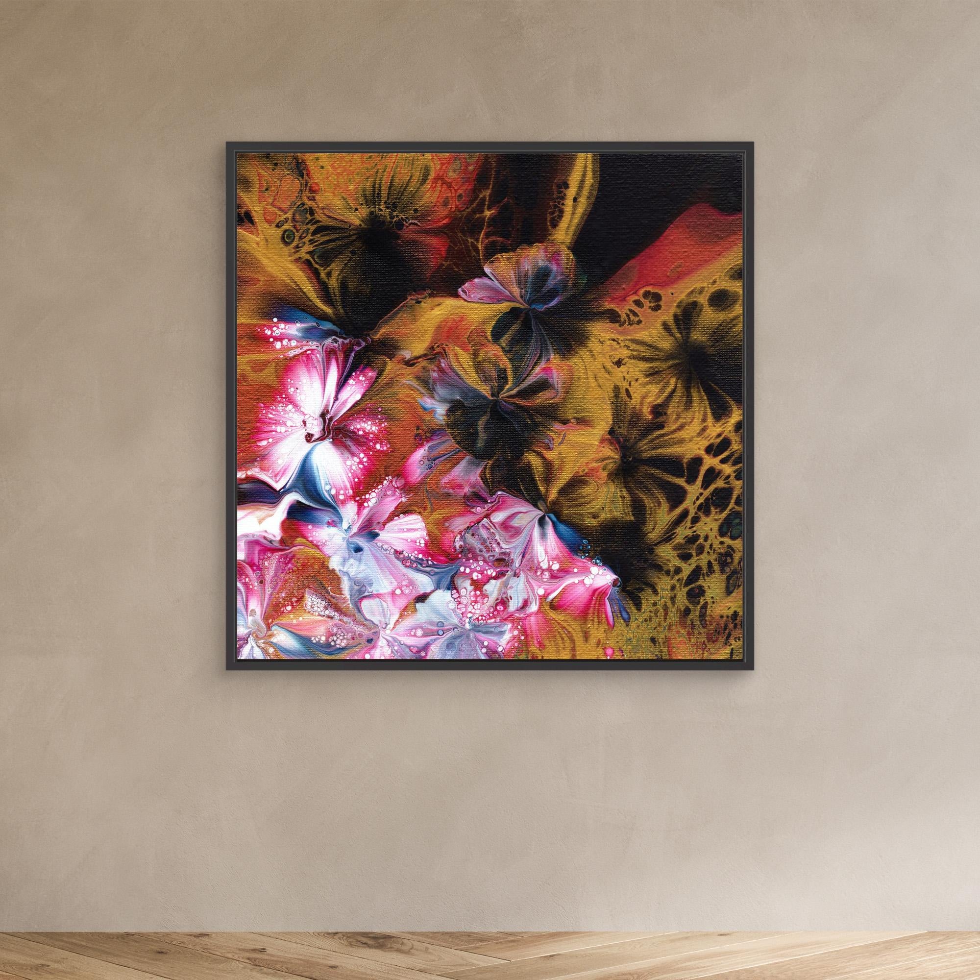 NL Modern Art Wall Art Canvas Print Abstract Floral 5 in black frame on wall