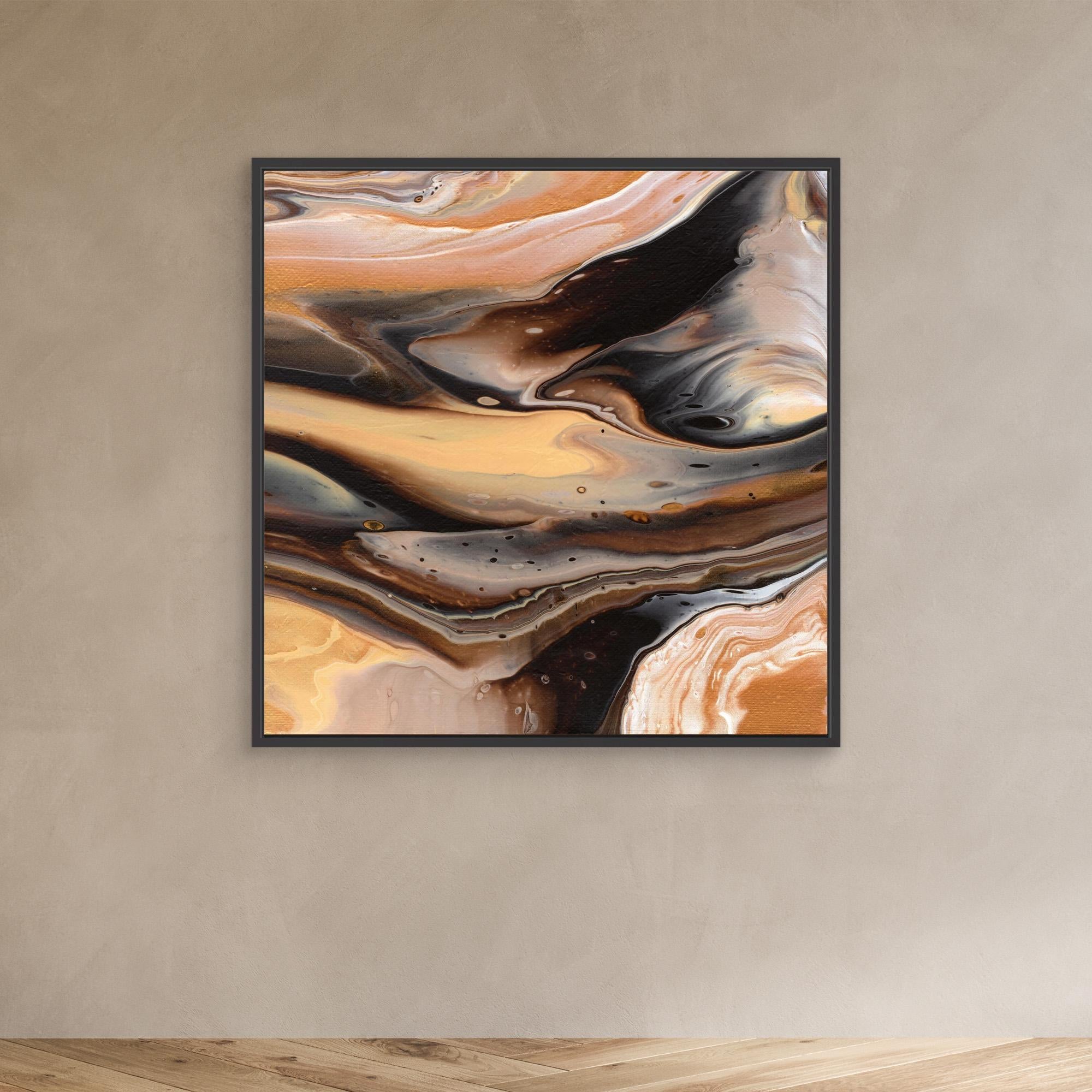 NL Modern Art Canvas Print Comforting Chocolate Caramel 1 in black frame on wall