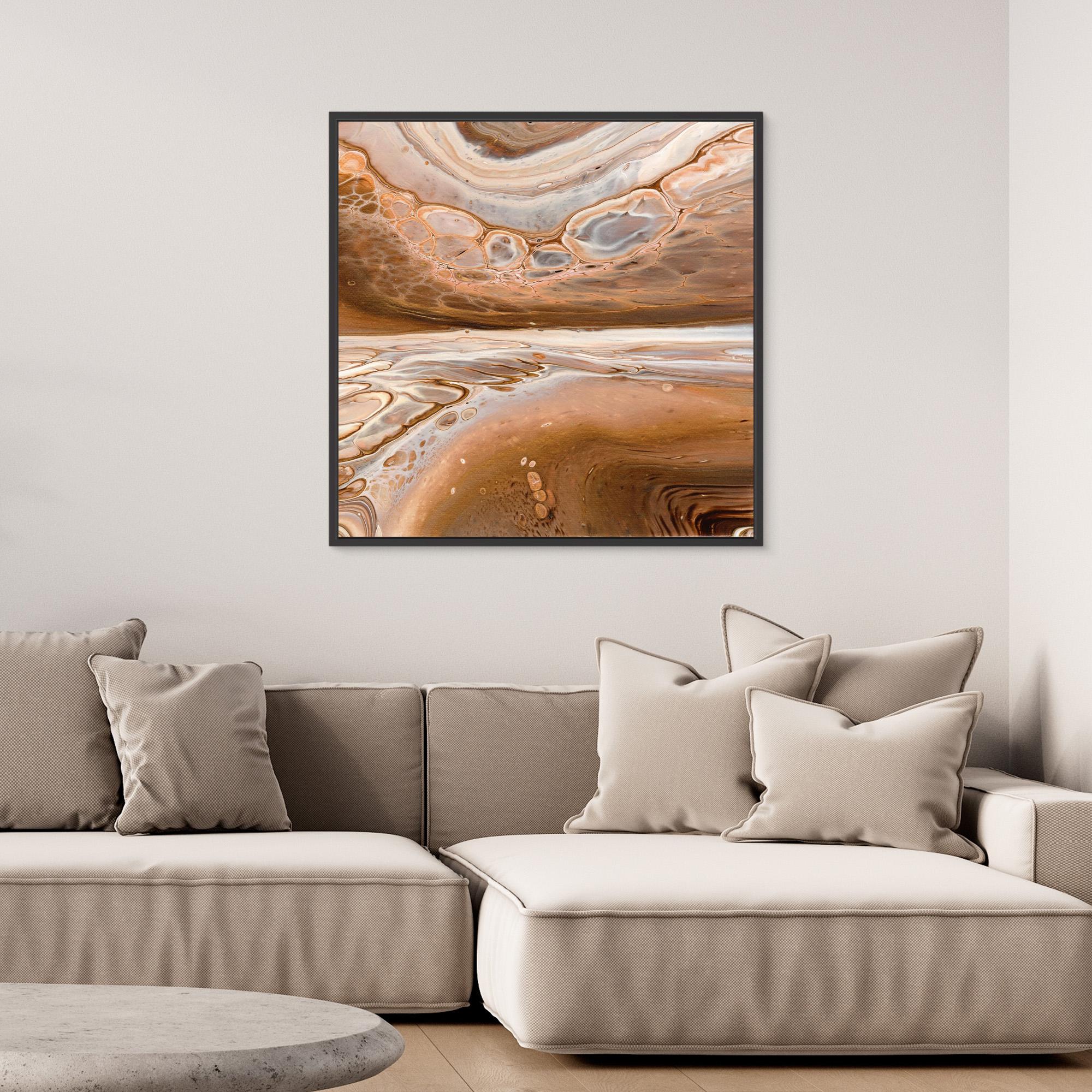 NL modern art Art Prints Soothing Neutrals 6 in black frame on wall over comfy sofa