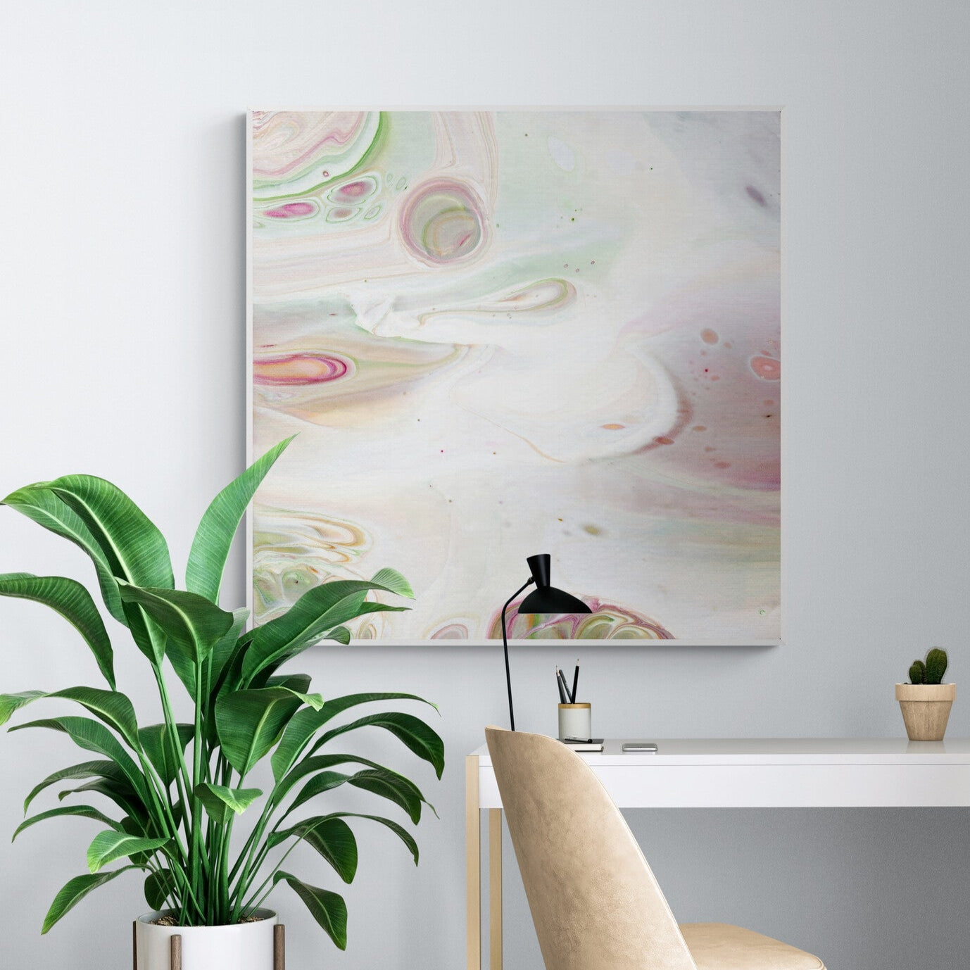 NL Modern Art Canvas Print gentle-tenderness-6 in white frame on wall in-home-office-with-large-tropical-plant