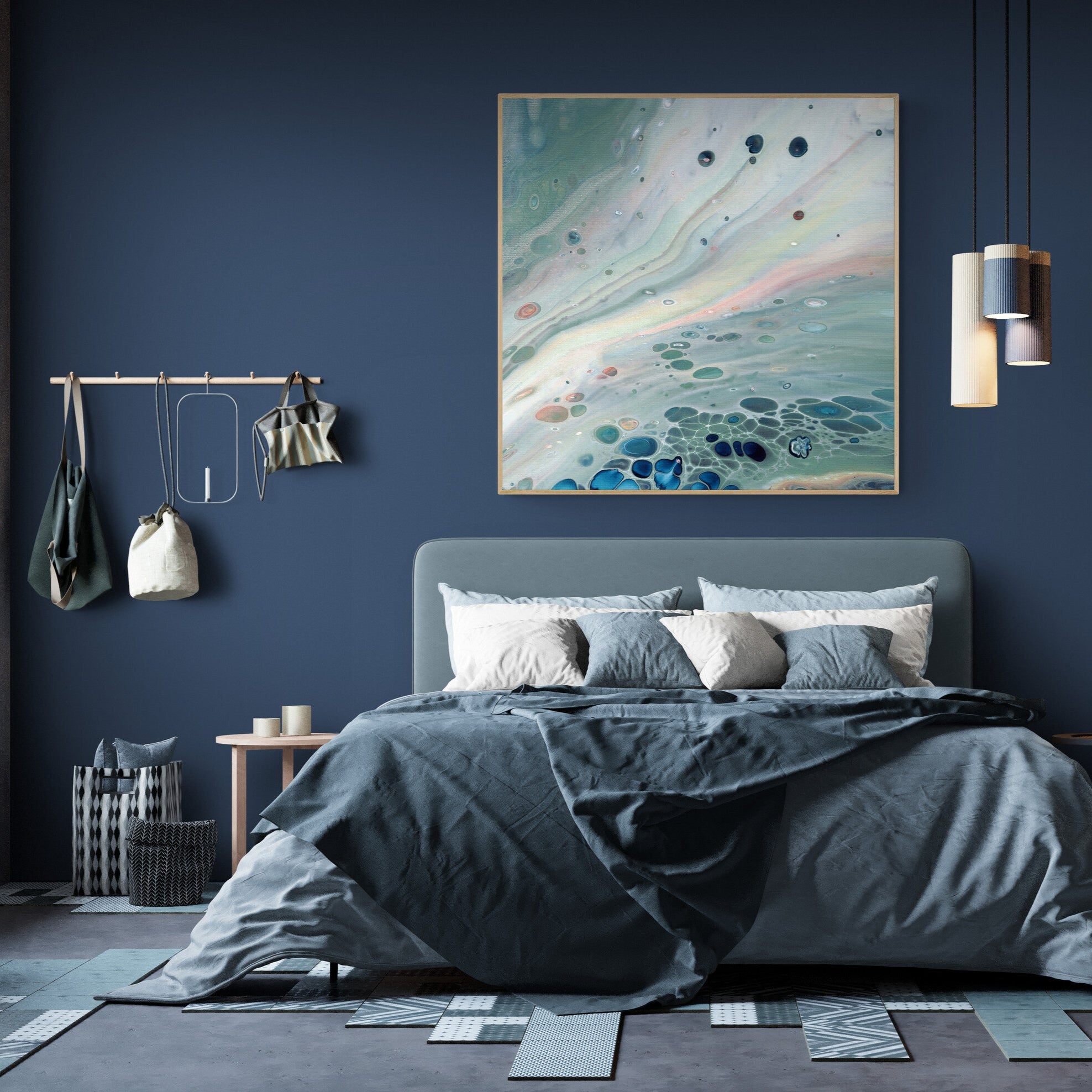 NL modern art-wall-art-canvas prints gentle-pastel-4 in-oak frame in stunning-industrial-loft-bedroom