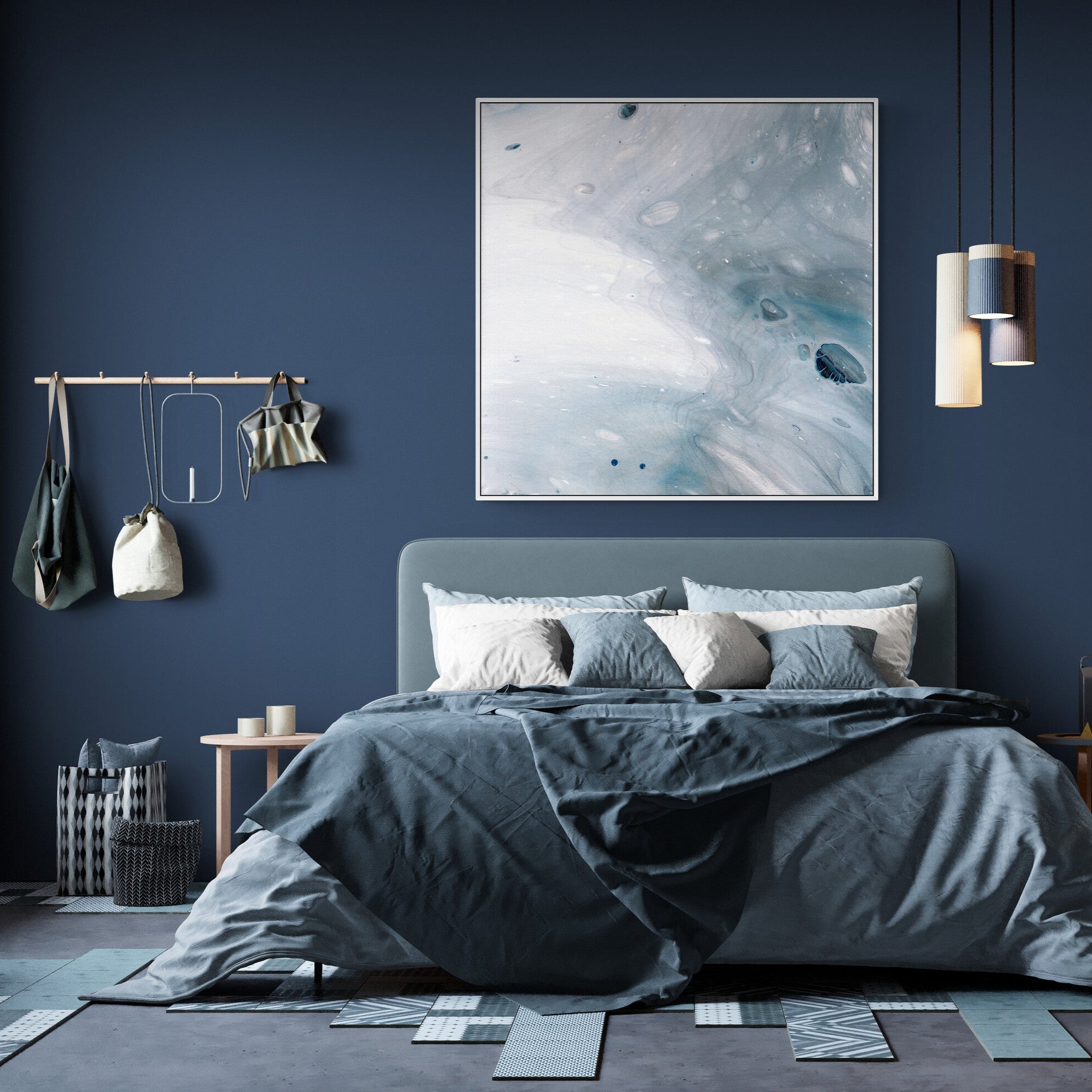 NL Modern Art-wall-art-canvas-print-gentle-pastel 5 in white frame in-stunning-industrial-loft-bedroom