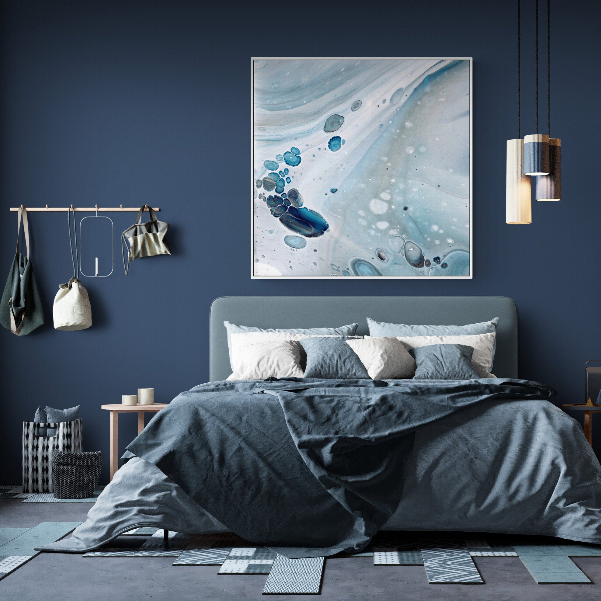 NL Modern Art-wall-art-canvas-print-gentle-pastel 6 in white frame in-stunning-industrial-loft-bedroom