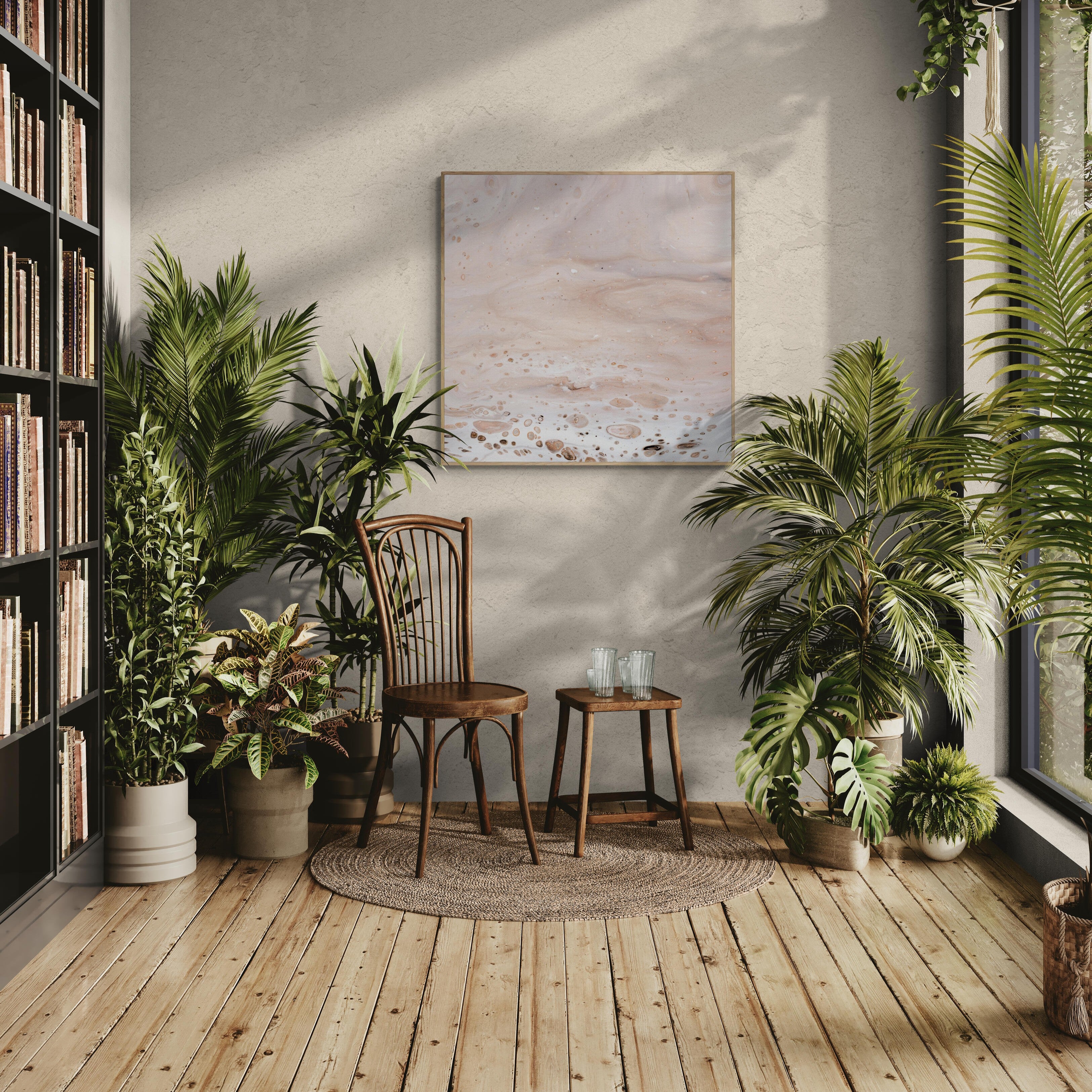 NL modern art-art-prints-soothing-neutrals-2-on-wall-in-warm-room-filled-with-tropical-plants-oak-frame