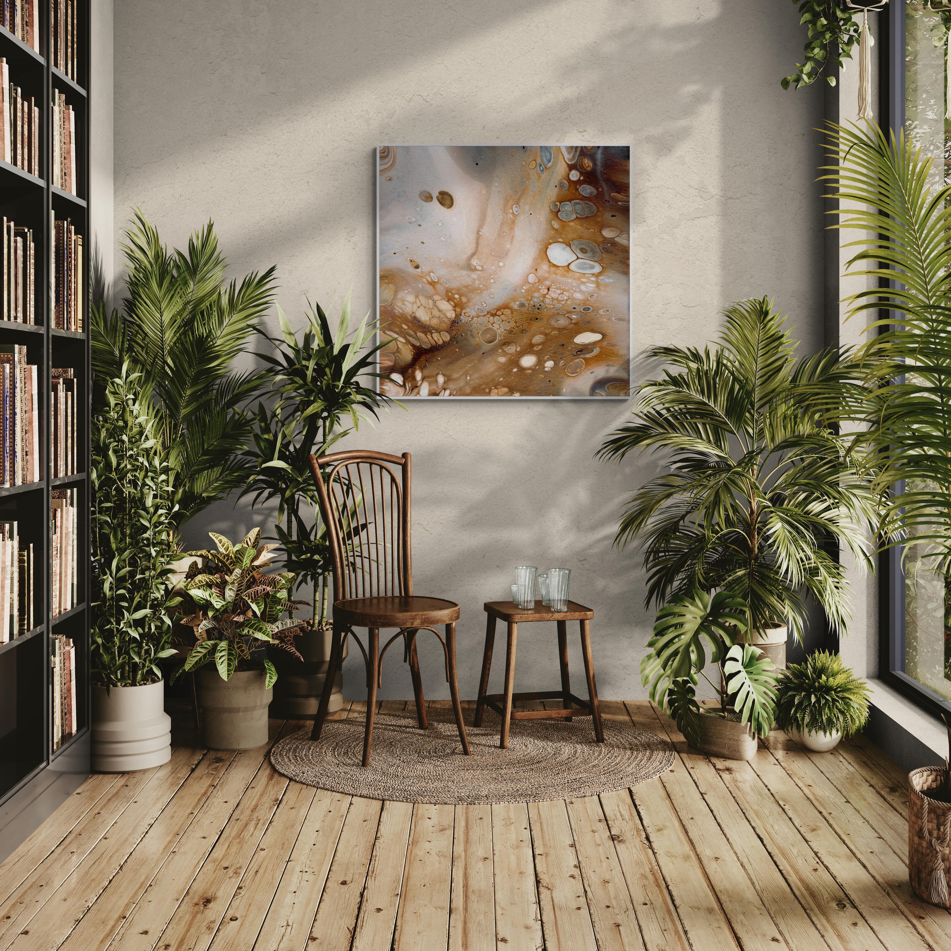 NL modern art-art-prints-soothing-neutrals-5-on-wall-in-warm-room-filled-with-tropical-plants-white-frame