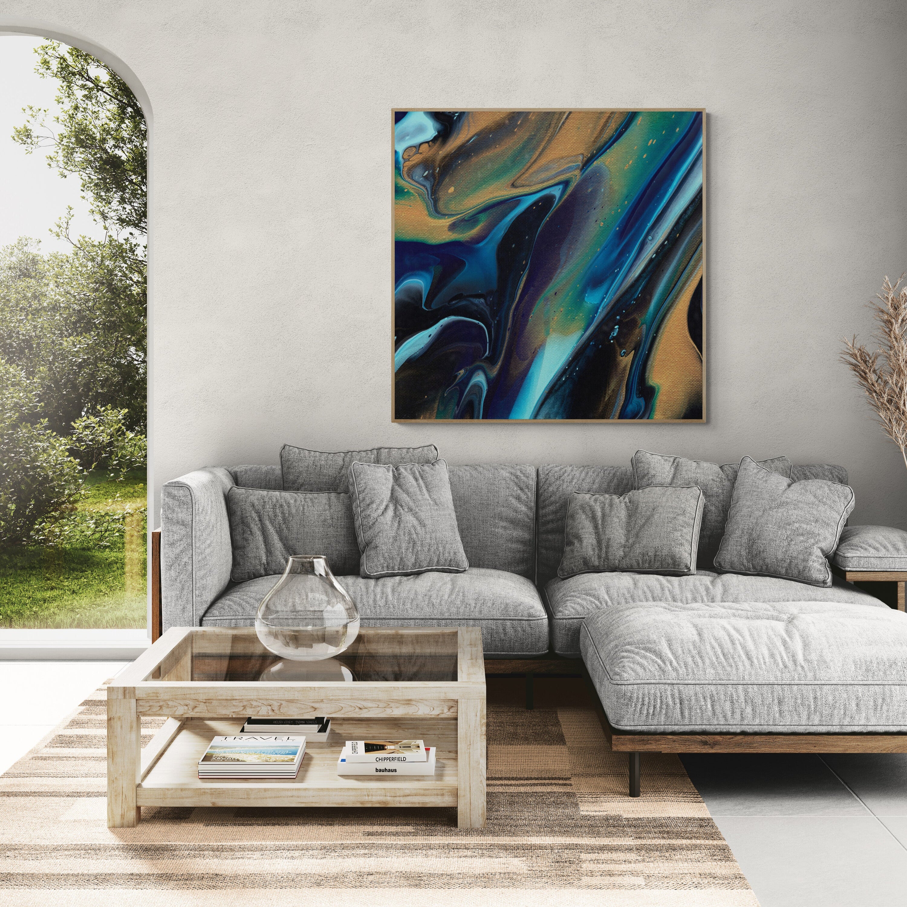 NL modern art-canvas-print-deep-passion-8-on-wall-in-living-room-with-comfy-sofa-and-window-views-oak-frame