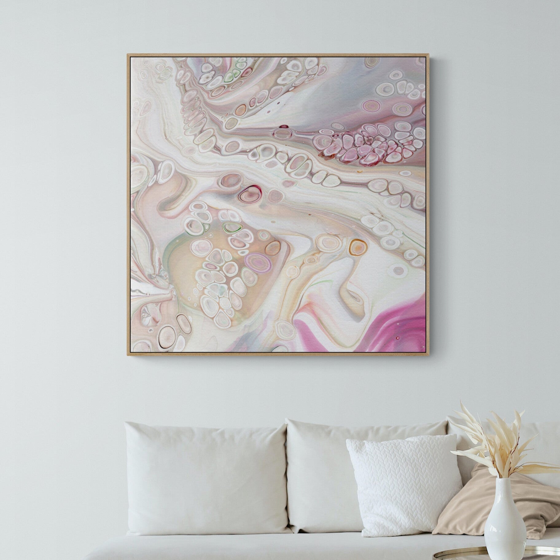 NL Modern Art Canvas Print gentle-tenderness-2-in oak frame on wall in small-living-room-space-with-natural-tones