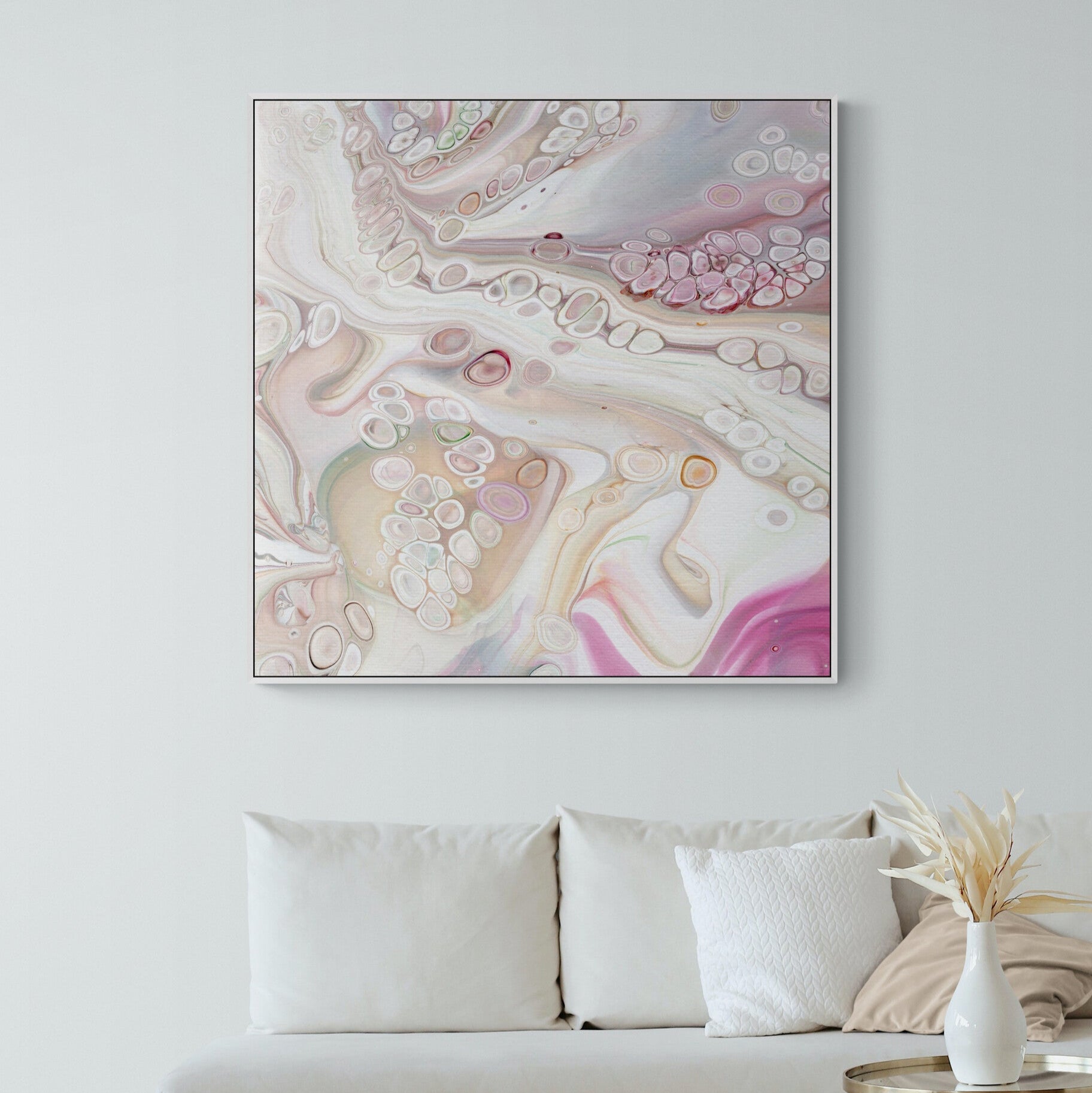 NL Modern Art Canvas Print gentle-tenderness-2-in white frame on wall in small-living-room-space-with-natural-tones