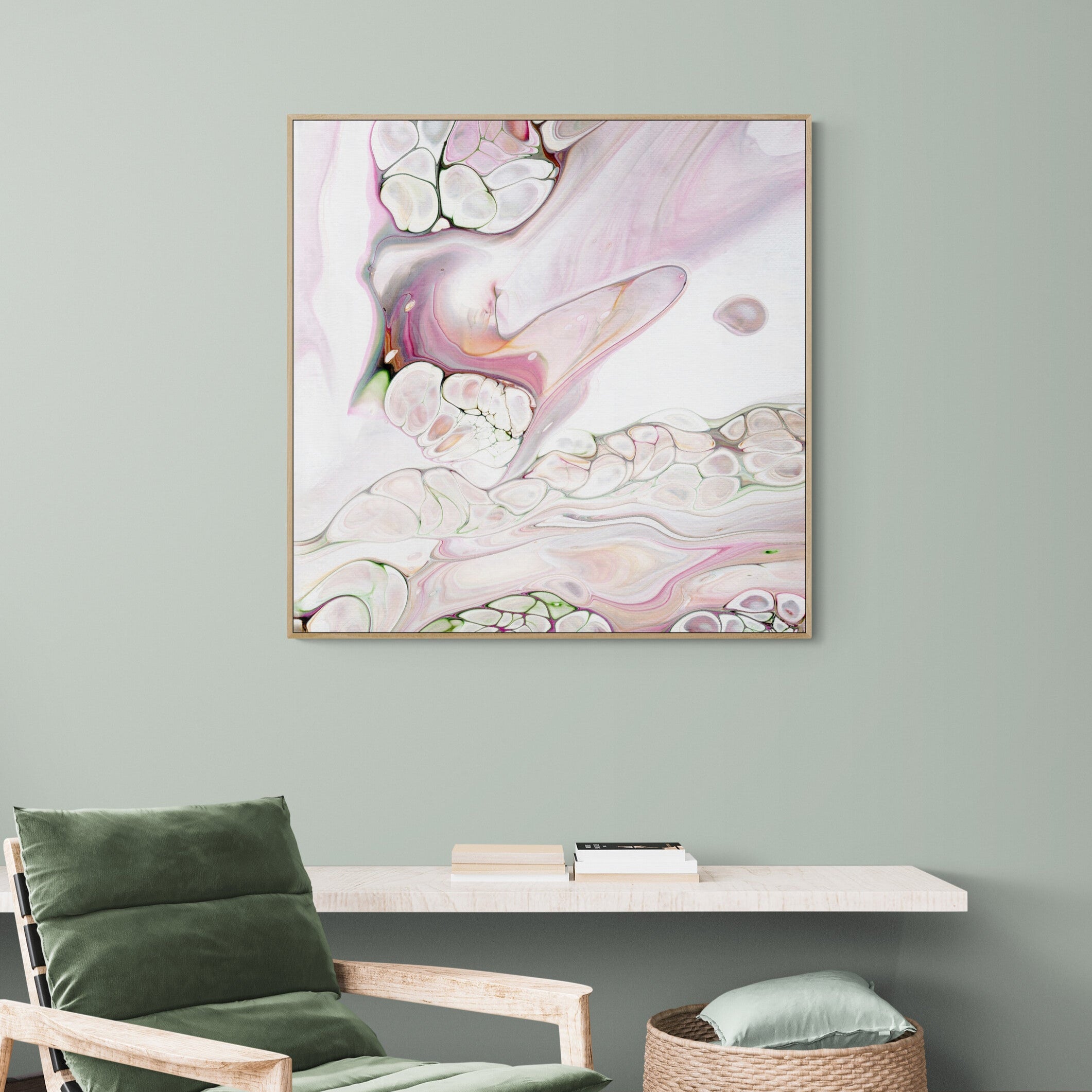 NL Modern Art Canvas Print gentle-tenderness-3-in oak frame on wall in cozy-room-with-armchair-and-wall-shelf