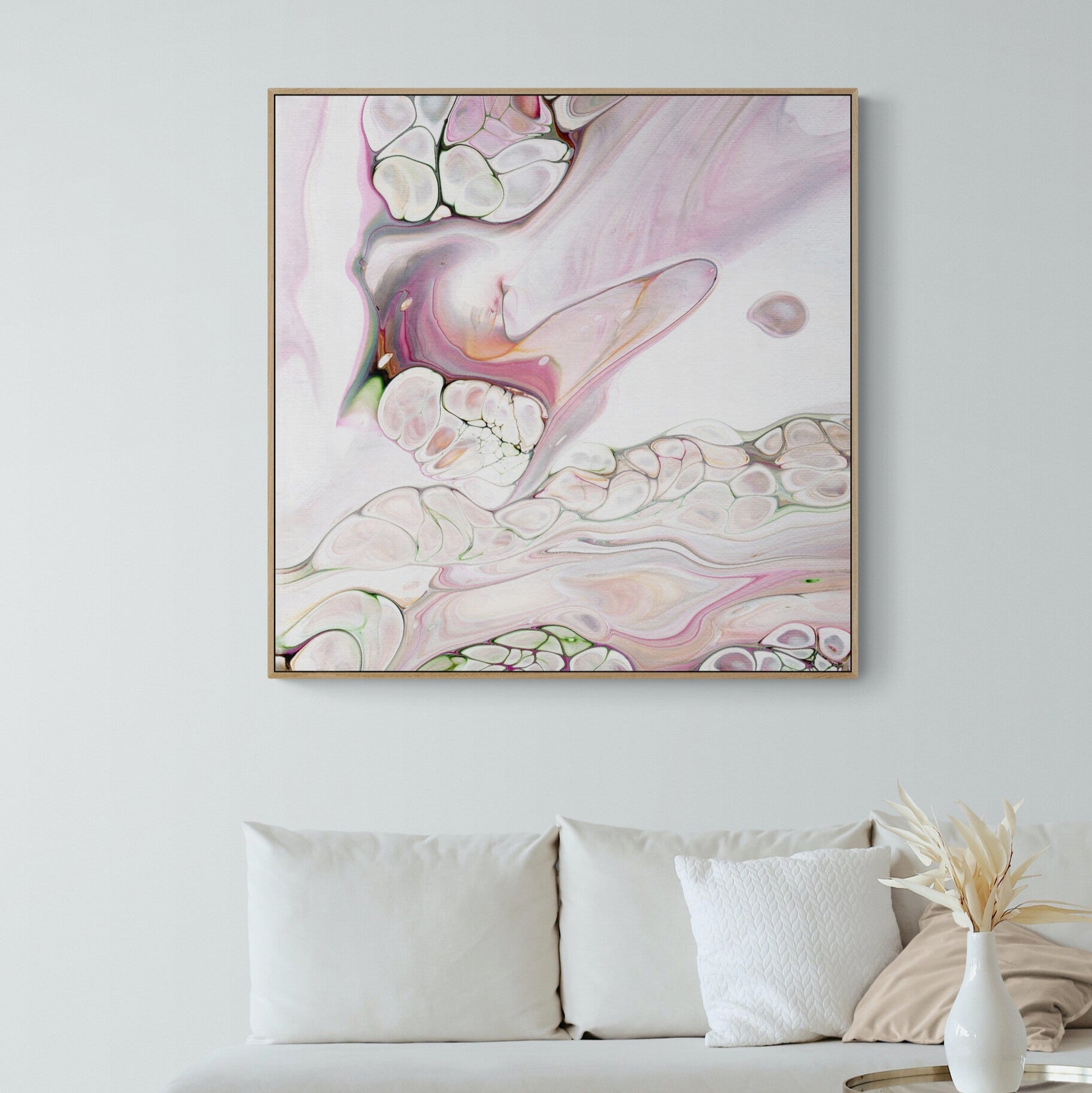 NL Modern Art Canvas Print gentle-tenderness-3-in-oak frame on wall in small-living-room-space-with-natural-tones