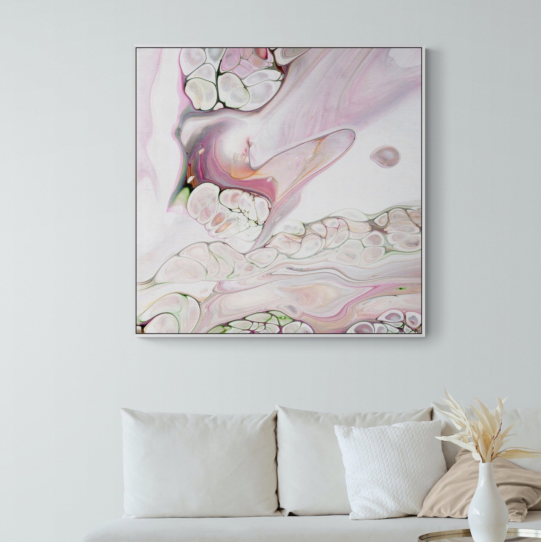 NL Modern Art Canvas Print gentle-tenderness-3-in white frame on wall in small-living-room-space-with-natural-tones