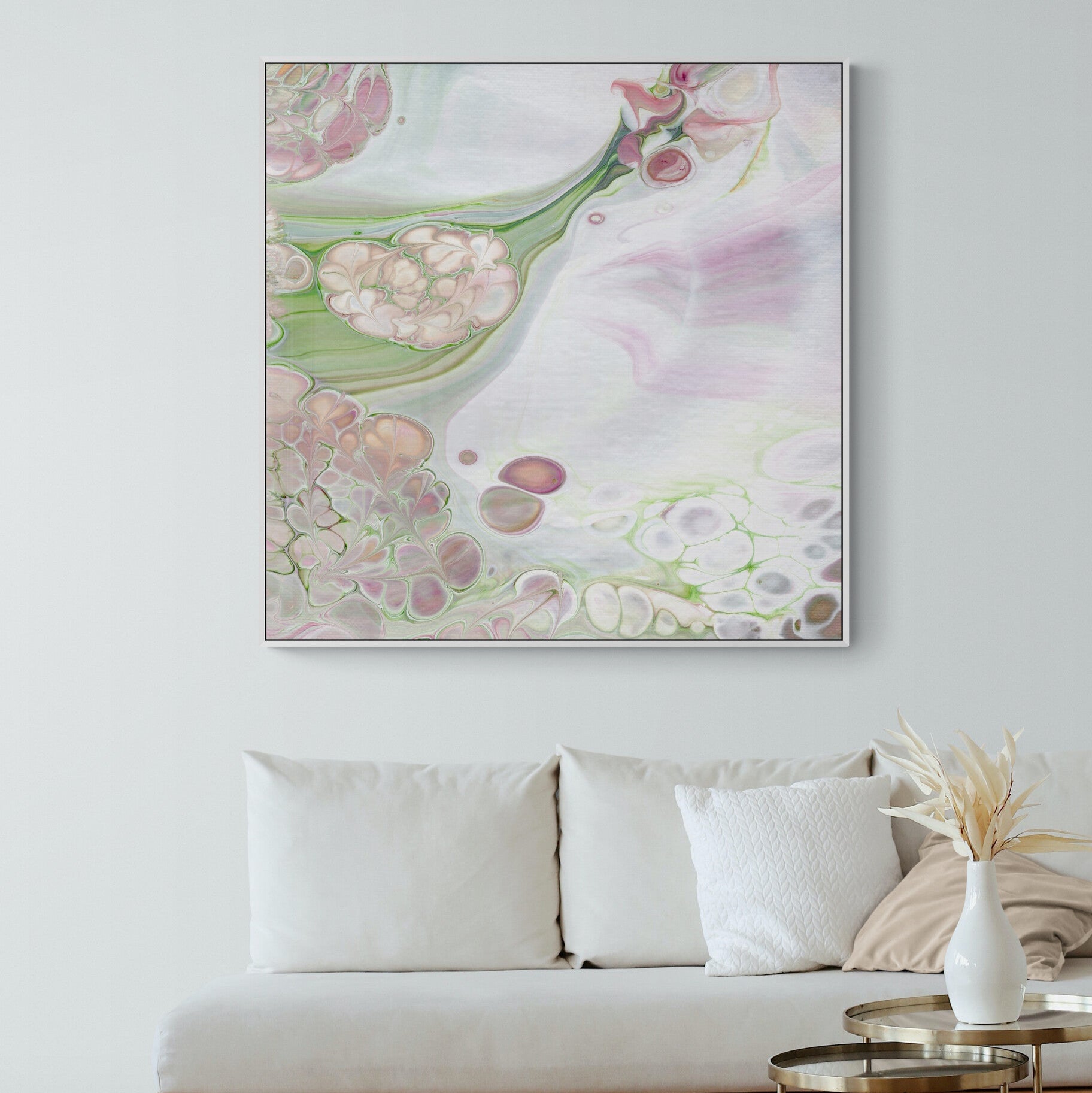 NL Modern Art Canvas Print gentle-tenderness-4-in-white frame on wall in-small-living-room-space-with-natural-tones