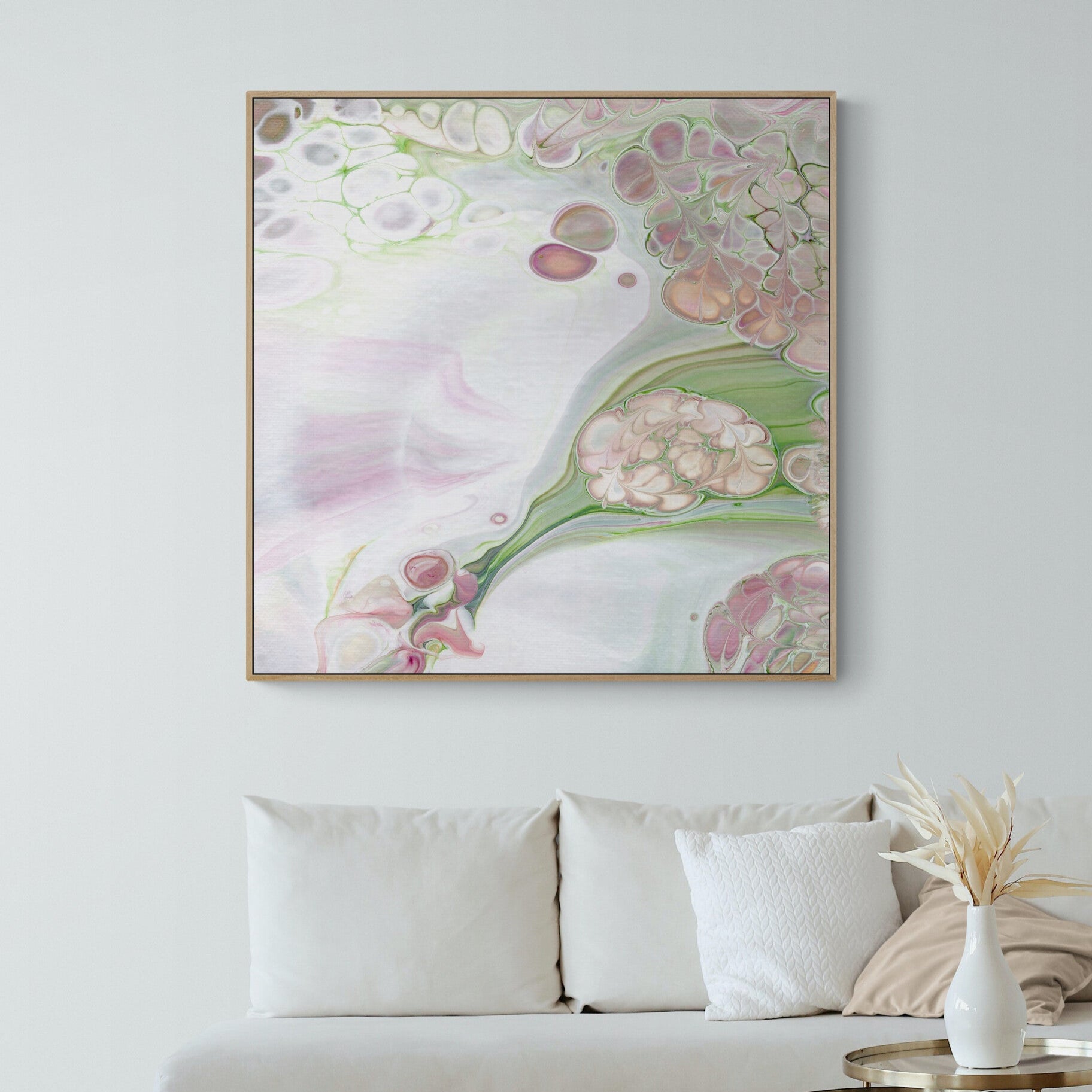 NL Modern Art Canvas Print gentle-tenderness-5 in oak frame on wall in small-living-room-space-with-natural-tones