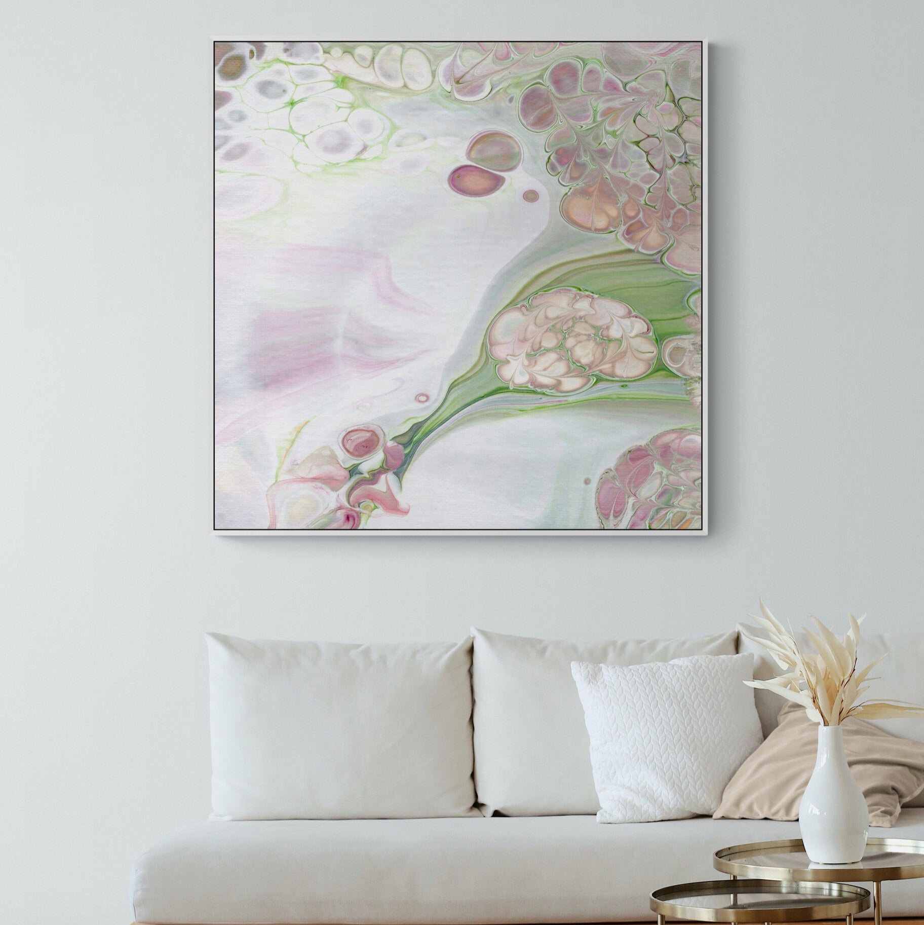 NL Modern Art Canvas Print gentle-tenderness-5 in white frame on wall-in-small-living-room-space-with-natural-tones