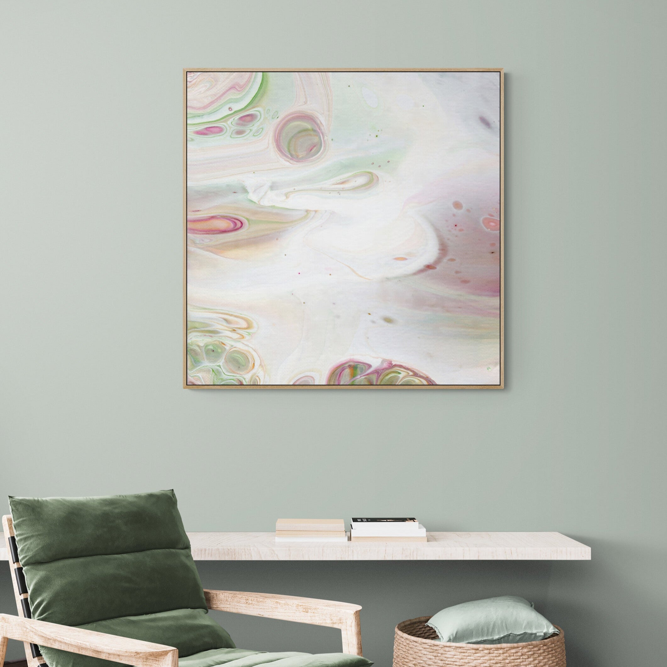 NL Modern Art Canvas Print gentle-tenderness-6-in-oak frame on wall in cozy-room-with-armchair-and-wall-shelf
