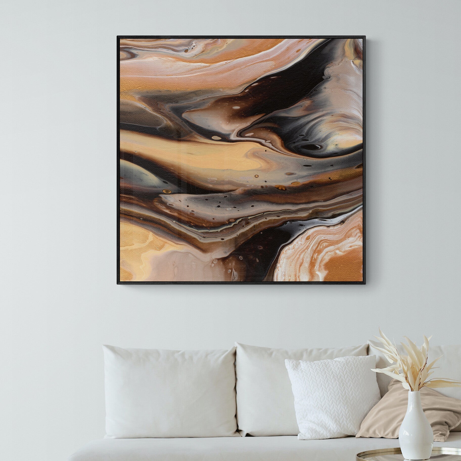 NL Modern Art Canvas Print comforting-chocolate-caramel-1-in-black frame on wall in small-living-room-space-with-natural-tones