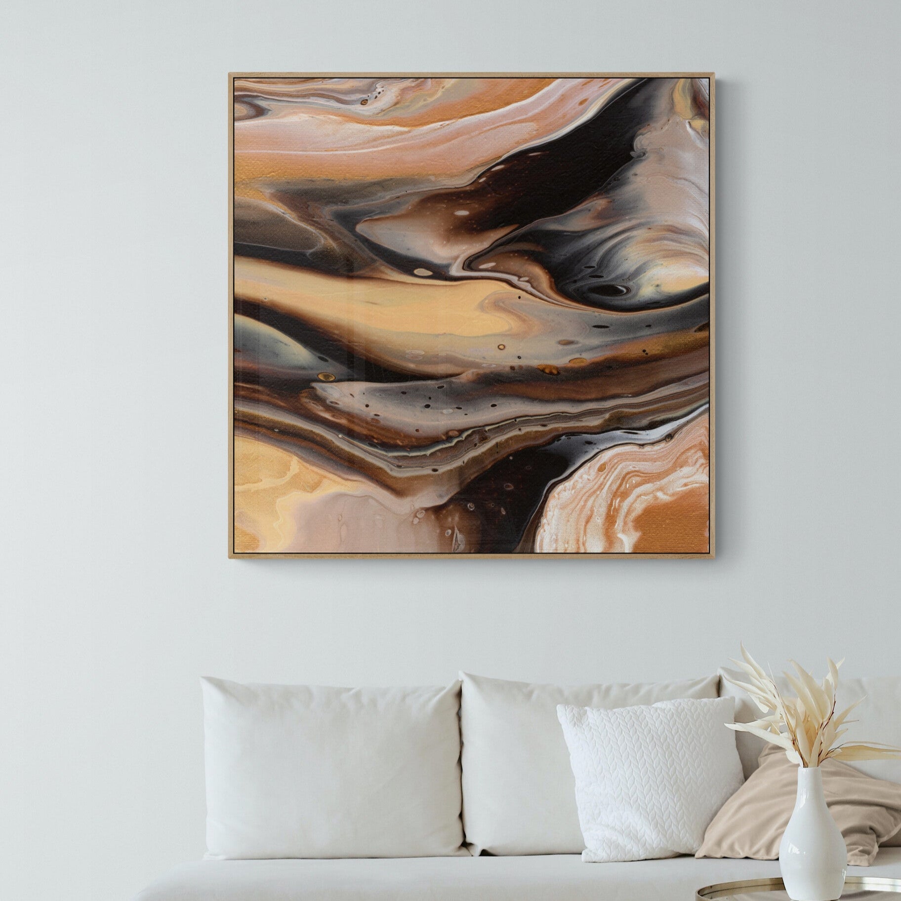 NL Modern Art Canvas Print comforting-chocolate-caramel-1-in-oak frame on wall in small-living-room-space-with-natural-tones