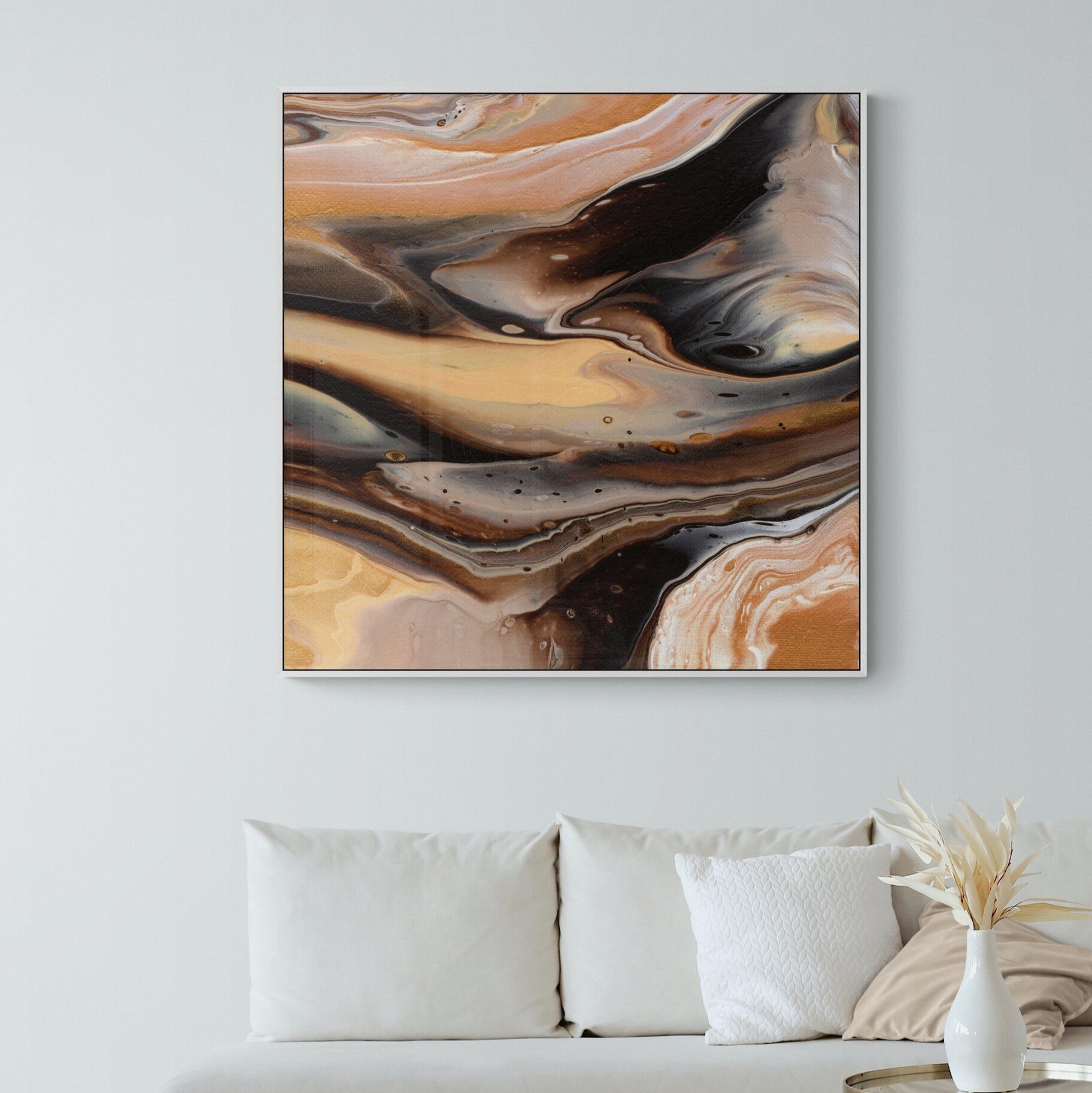 NL Modern Art Canvas Print comforting-chocolate-caramel-1-in-white frame on wall in small-living-room-space-with-natural-tones