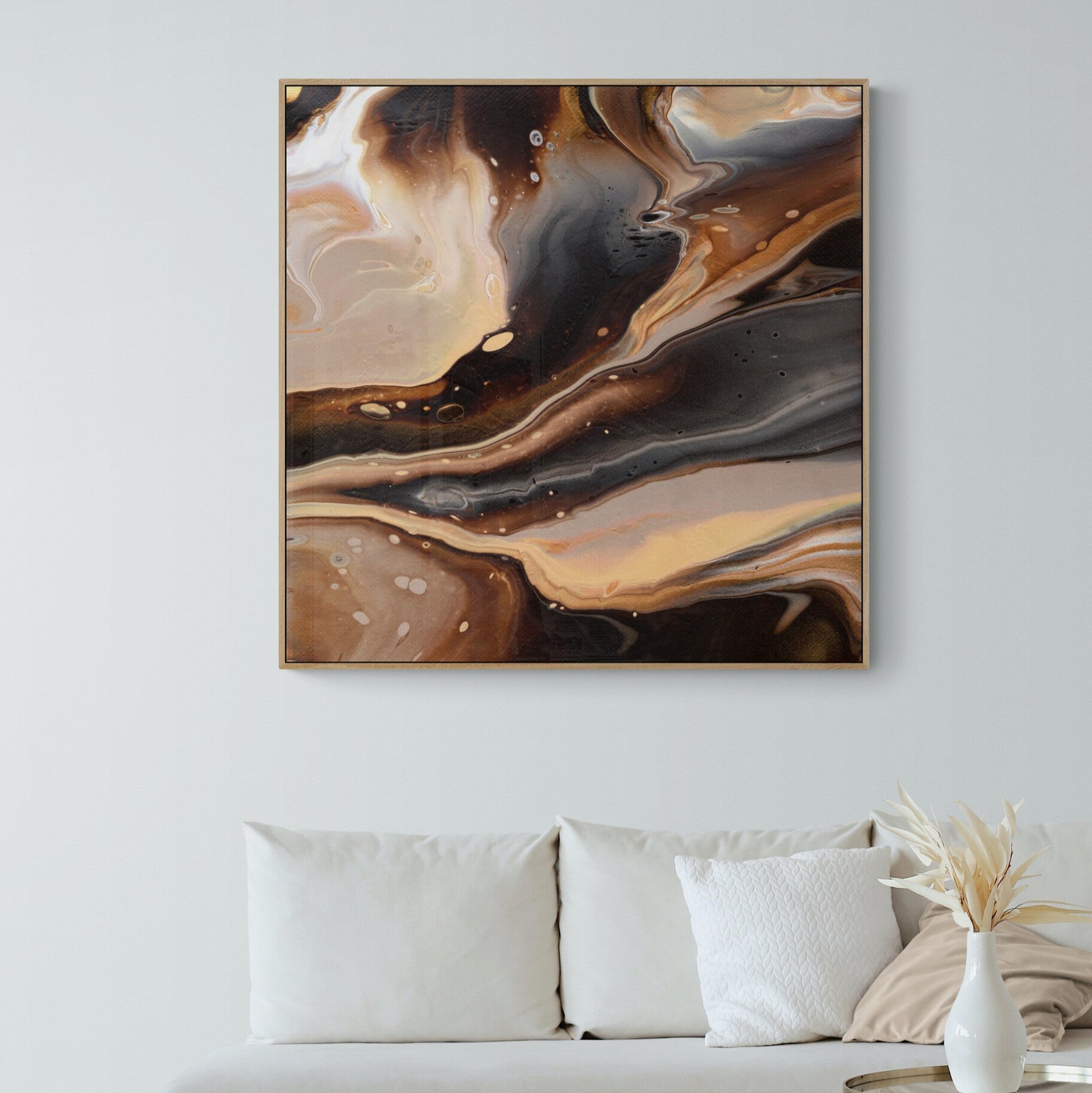 NL Modern Art Canvas Print comforting-chocolate-caramel-2-in-oak frame on wall in small-living-room-space-with-natural-tones