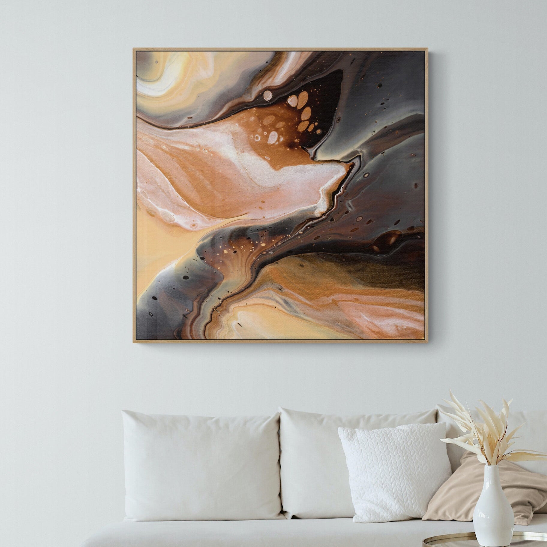 NL modern art-canvas print-comforting-chocolate-caramel-3-in-oak frame on wall in small-living-room-space-with-natural-tones