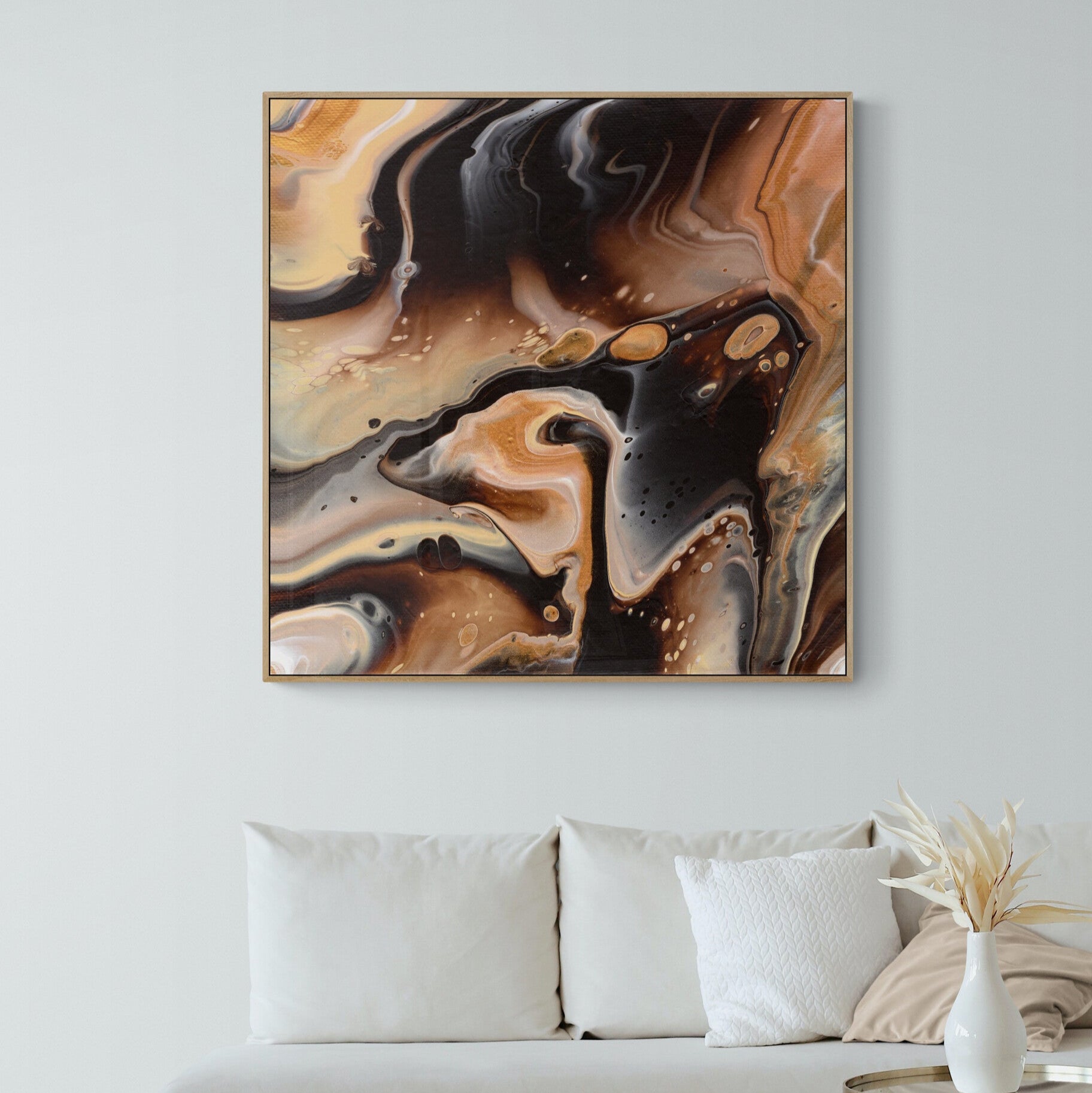 NL modern art-canvas print-comforting-chocolate-caramel-4-in-oak-frame-on-wall-in-small-living-room-space-with-natural-tones