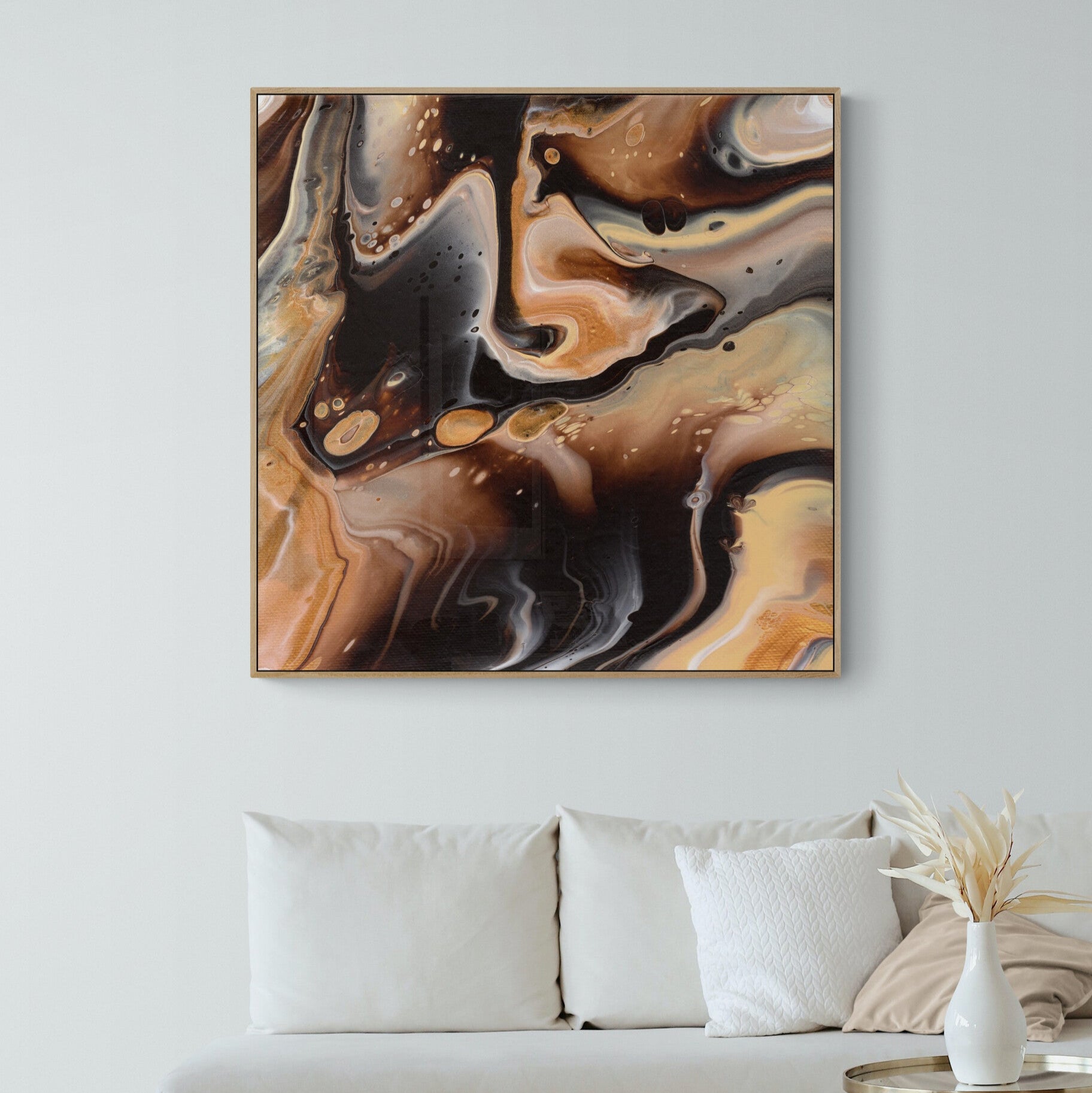 NL modern art-canvas print-comforting-chocolate-caramel-5-in-oak-frame-in-small-living-room-space-with-natural-tones