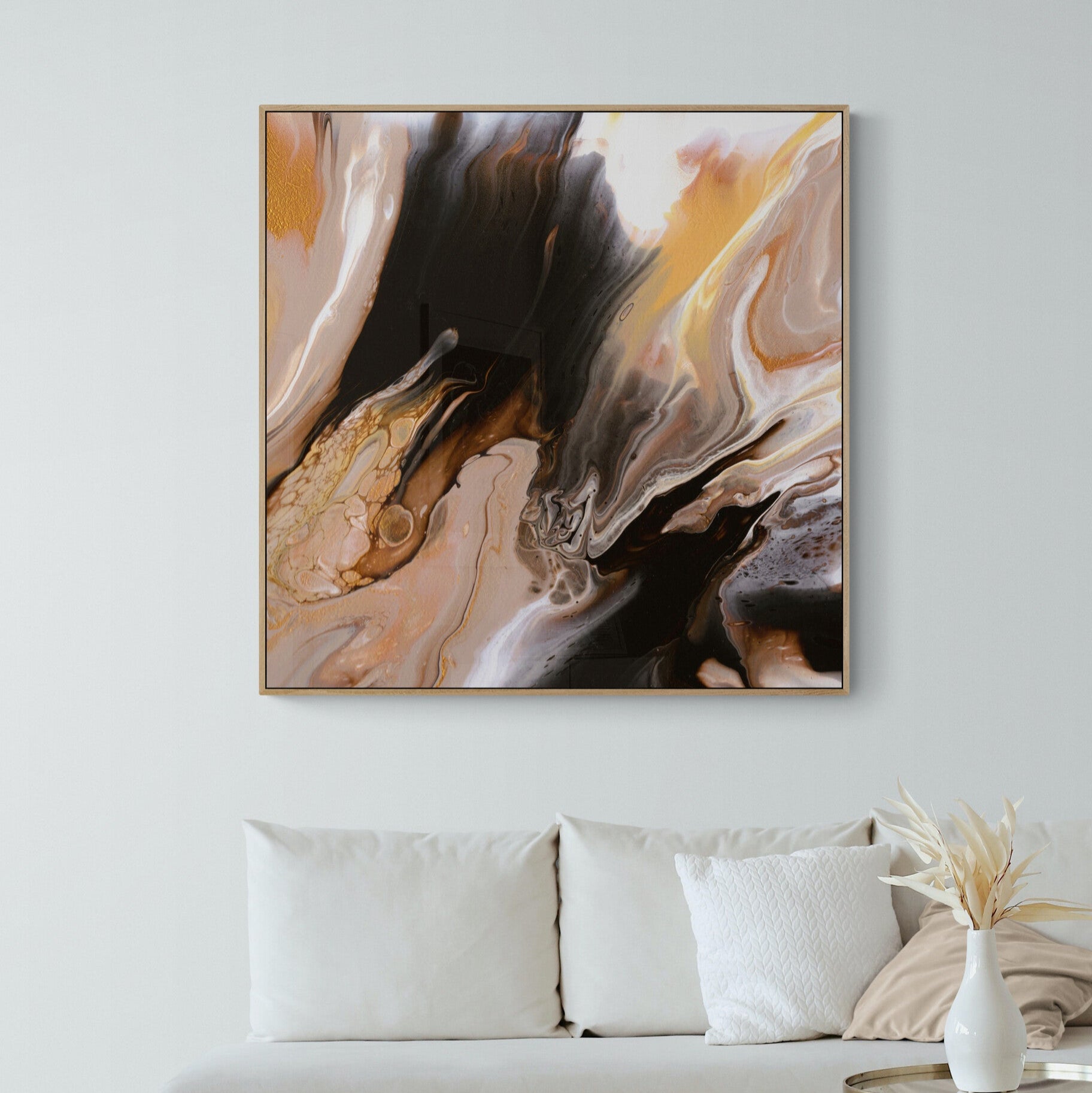 NL modern art-canvas print-comforting-chocolate-caramel-6-in-oak-frame-in-small-living-room-space-with-natural-tones