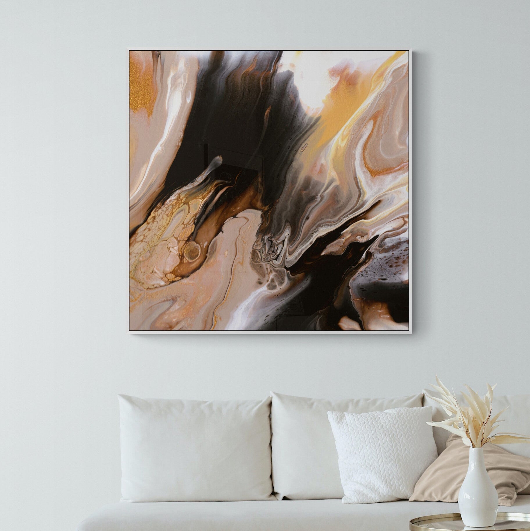 NL modern art-canvas-print-comforting-chocolate-caramel-6-in-white-frame-in-small-living-room-space-with-natural-tones