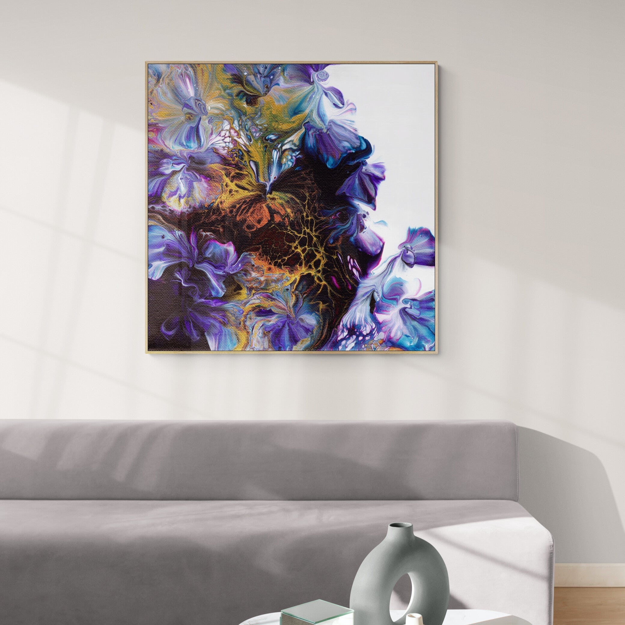 NL modern art-wall-art-canvas print abstract-floral-4 in oak frame over comfy-sofa-in-sun-drenched-living-room