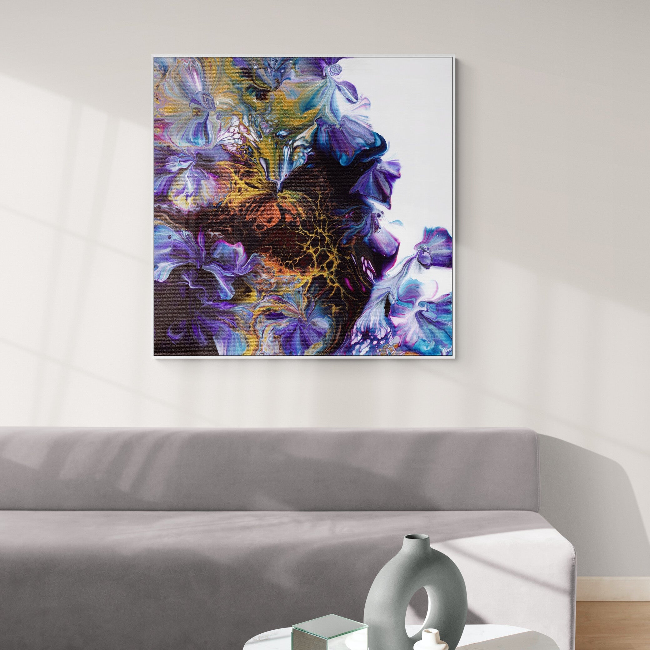 NL modern art-wall-art-canvas print abstract-floral-4 in white frame over comfy-sofa-in-sun-drenched-living-room