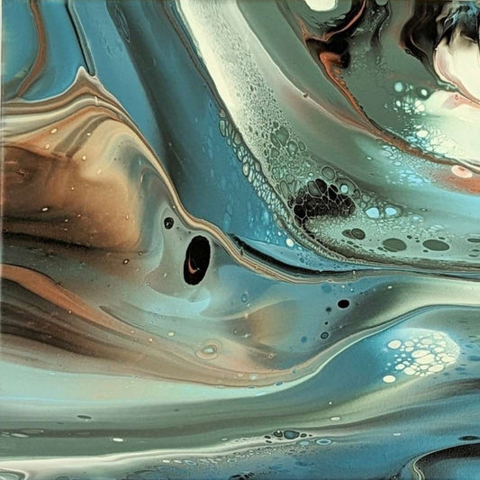 Close-up of original abstract painting in muted hues made with professional grade acrylic paint.