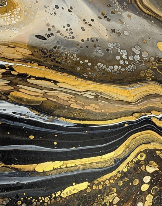 Close-up of original abstract painting with high contrast and gold. Made with professional grade acrylic paint.