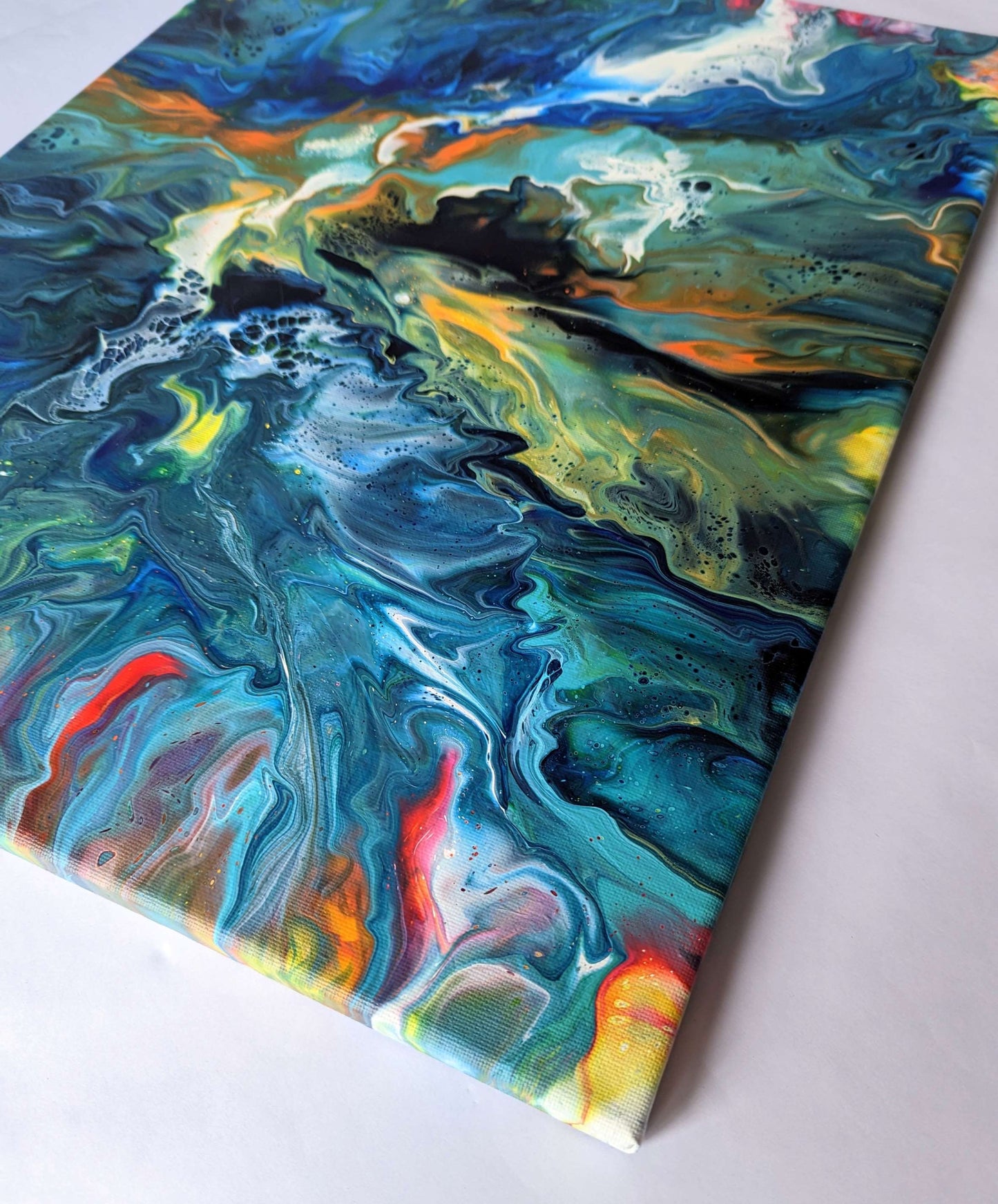Detail of original abstract painting in vibrant colours made with professional grade acrylic paint.